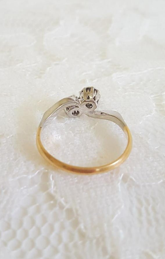 The back view of the Lacey Diamond Vintage Engagement Ring in 18k Yellow Gold and Platinum c.1920's. Antique Engagement Rings Canada. Canadian vintage engagement rings. Vintage engagement rings Canada. Bridal jewelry Canada. Canadian weddings. Wedding Canada. Canadian jewelry brands. Affordable Canadian jewelry brands. Canadian bridal jewelry. Woman-owned Canadian jewelry brand.