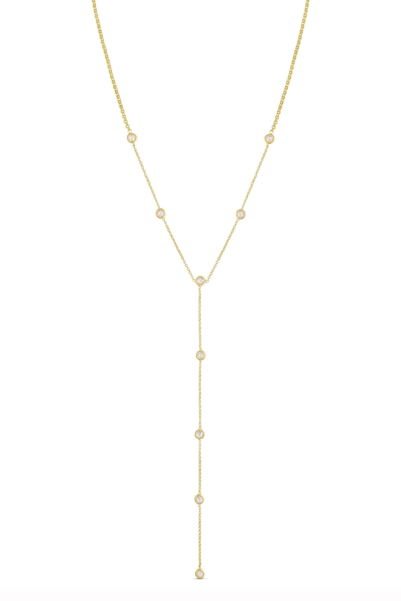 A lariat style necklace with crystal links on a white background. Gold-filled Canadian jewelry. Canadian handmade jewelry.