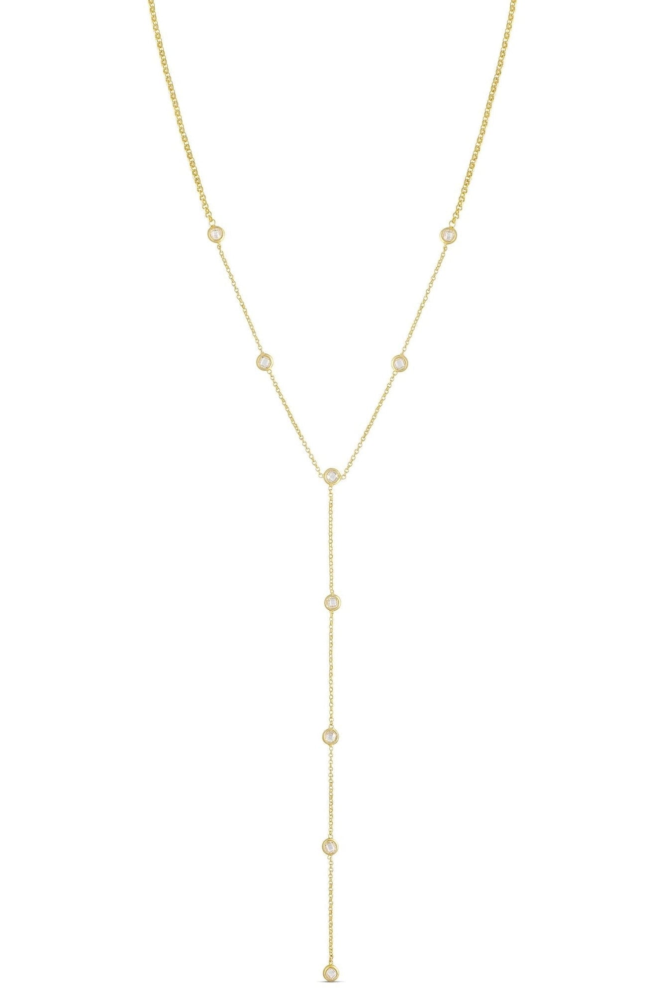 A lariat style necklace with crystal links on a white background. Gold-filled Canadian jewelry. Canadian handmade jewelry.