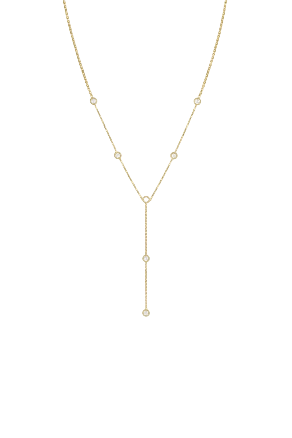 Gold filled lariat style necklace with cubic zirconia crystals on a white background. Handmade Canadian jewelry & gold filled jewelry by BIPOC jewelry designer