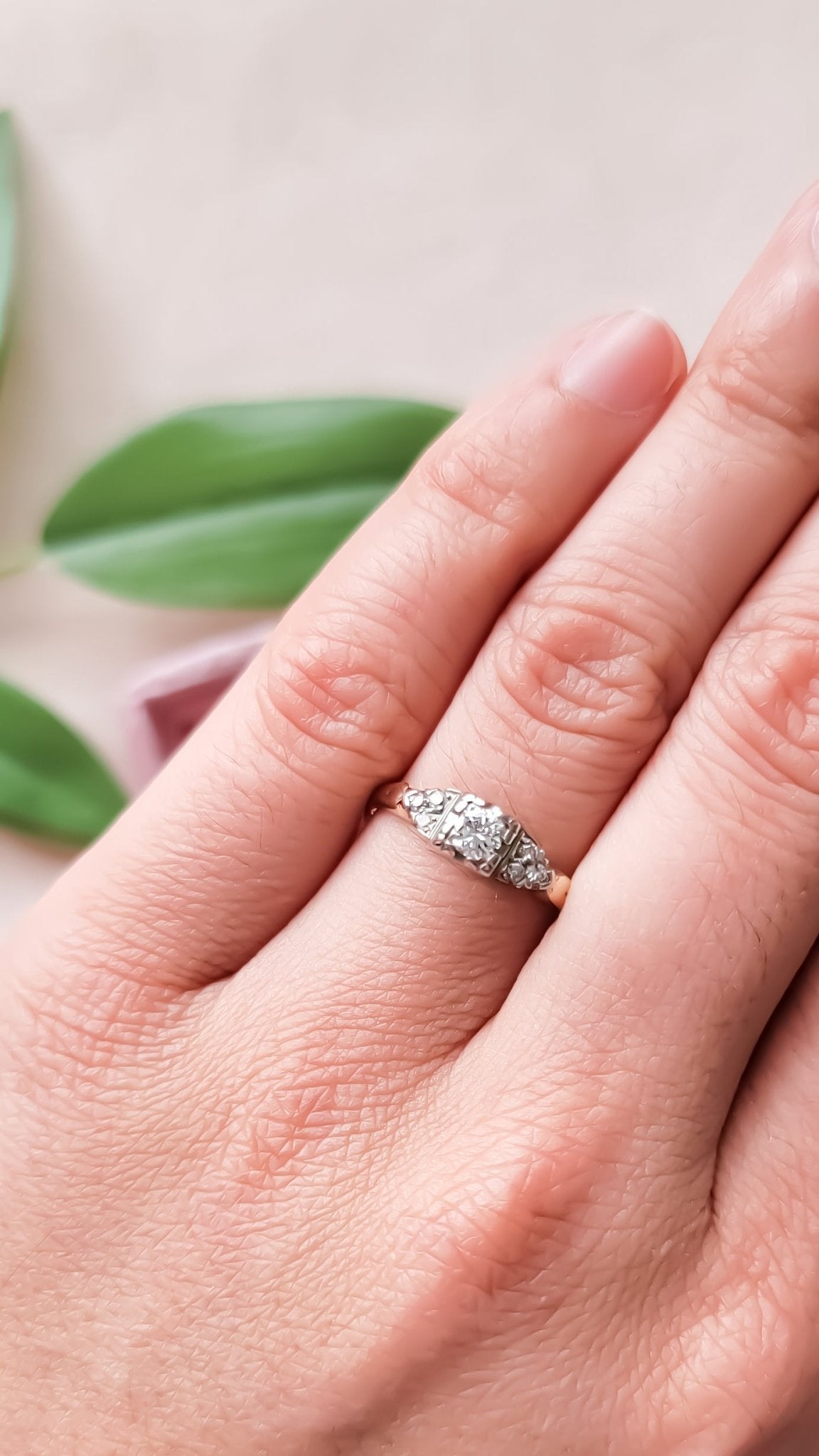 14k Gold Vintage Diamond Engagement Ring on ring finger. Antique Engagement Rings Canada. Canadian vintage engagement rings. Vintage engagement rings Canada. Bridal jewelry Canada. Canadian bridal jewelry. Woman-owned Canadian jewelry brand. Canadian jewelry business. Canadian weddings.