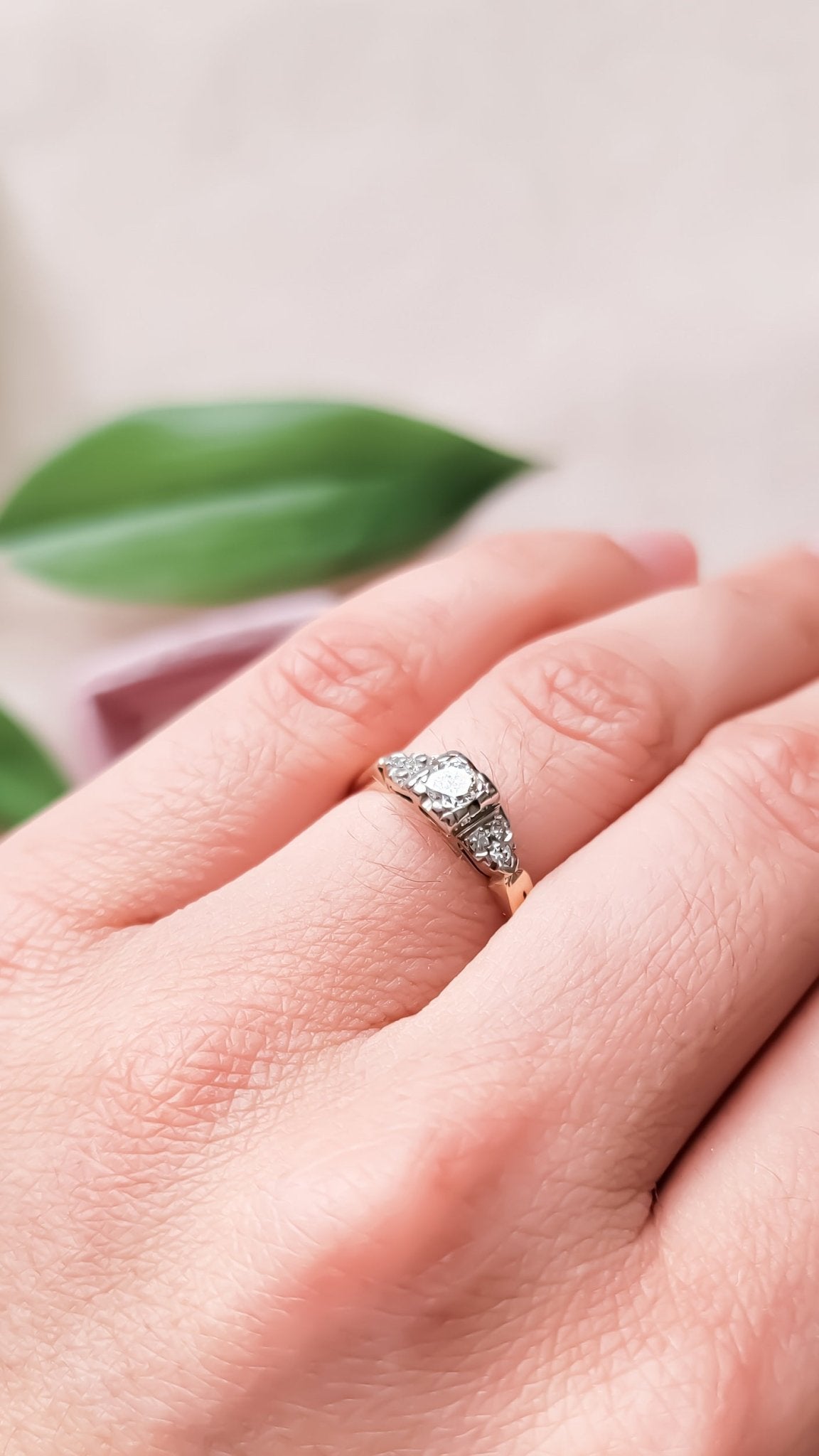 Lisbet Vintage Diamond Engagement Ring in 14k Gold, 1930s Art Deco Style on a ring finger. Antique Engagement Rings Canada. Canadian vintage engagement rings. Vintage engagement rings Canada. Bridal jewelry Canada. Canadian bridal jewelry. Woman-owned Canadian jewelry brand. Canadian jewelry business. Canadian weddings.