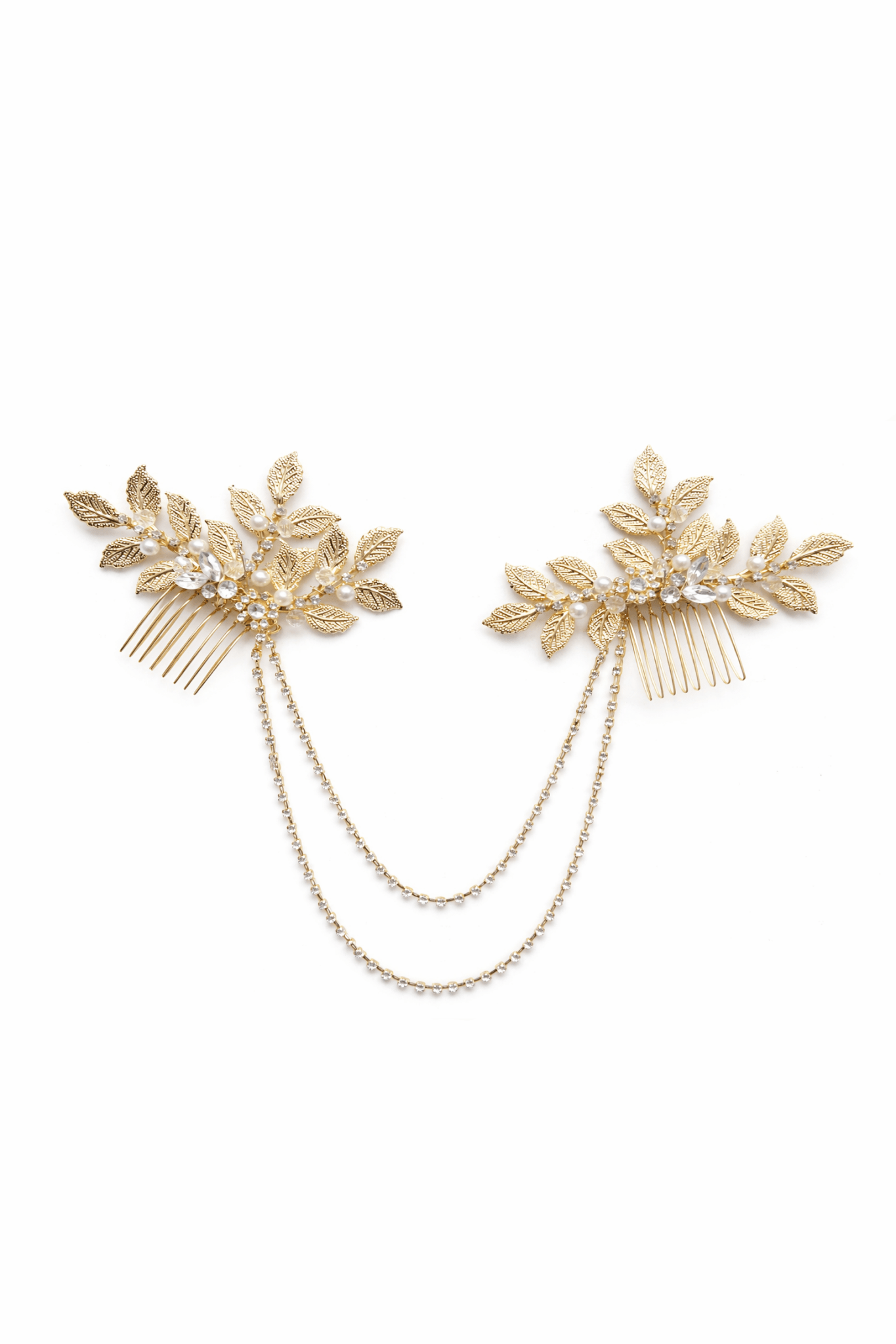 Gold bridal hair comb with leaf and pearl details and crystal chain on a white background. Handmade bridal accessories & bridal hair accessories by Canadian BIPOC bridal designer
