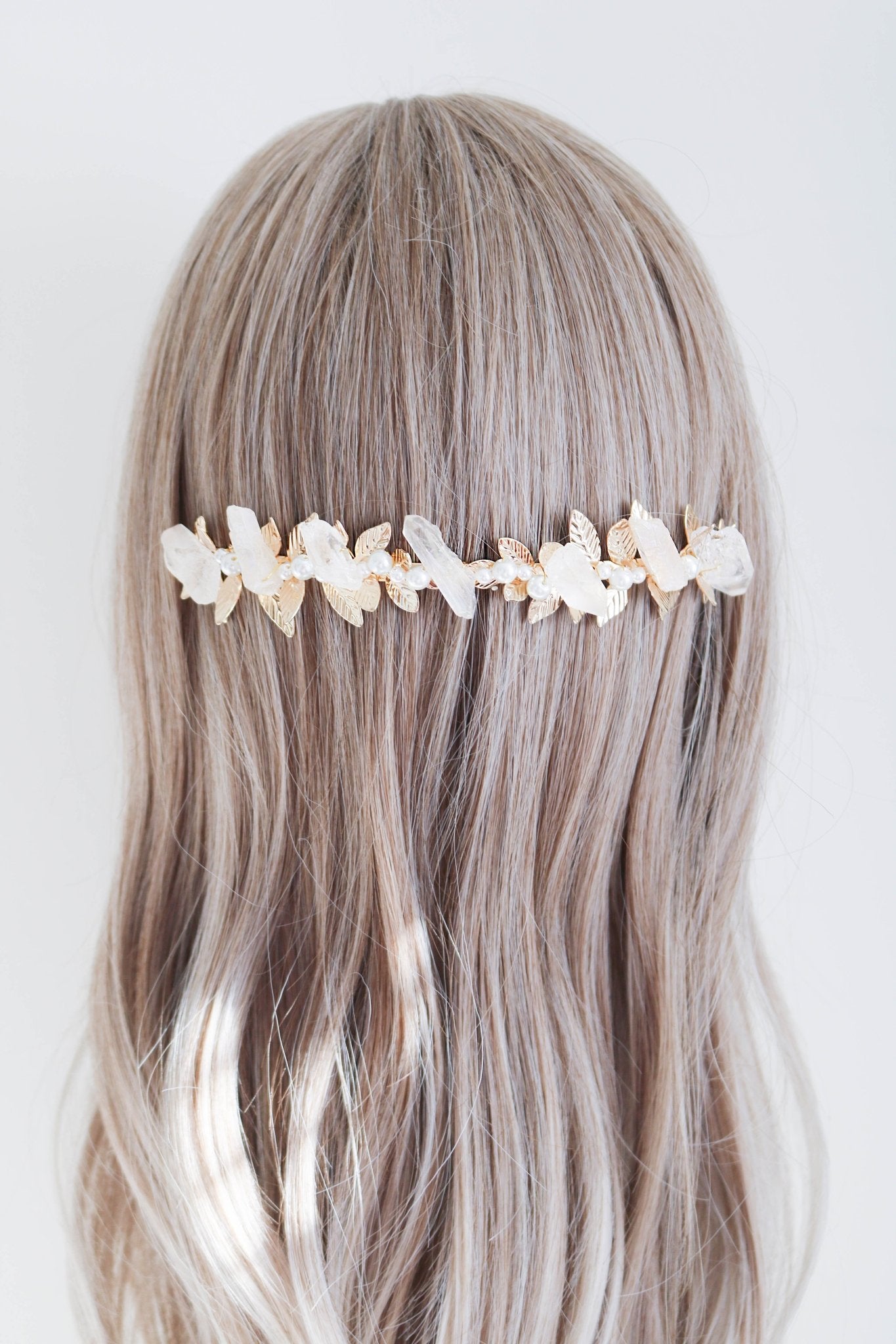 The Gold Lorelei Quartz Crystal and Freshwater Pearl Bridal Headband displayed behind the head. Bridal Hair Accessories. Bridal Accessories. Canadian Bridal Accessories. Handmade Canadian Accessories. Canadian handmade Accessories. Organic pearl accessories. Canadian weddings. Wedding Canada.