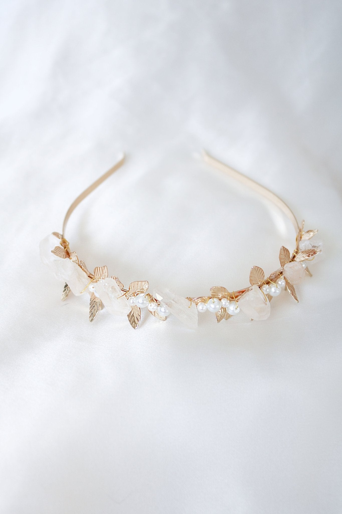 Gold Quartz Crystal and Freshwater Pearl Bridal Headband on a white background. Bridal Hair Accessories. Bridal Accessories. Canadian Bridal Accessories. Handmade Canadian Accessories. Canadian handmade Accessories. Organic pearl accessories. Canadian weddings. Wedding Canada.