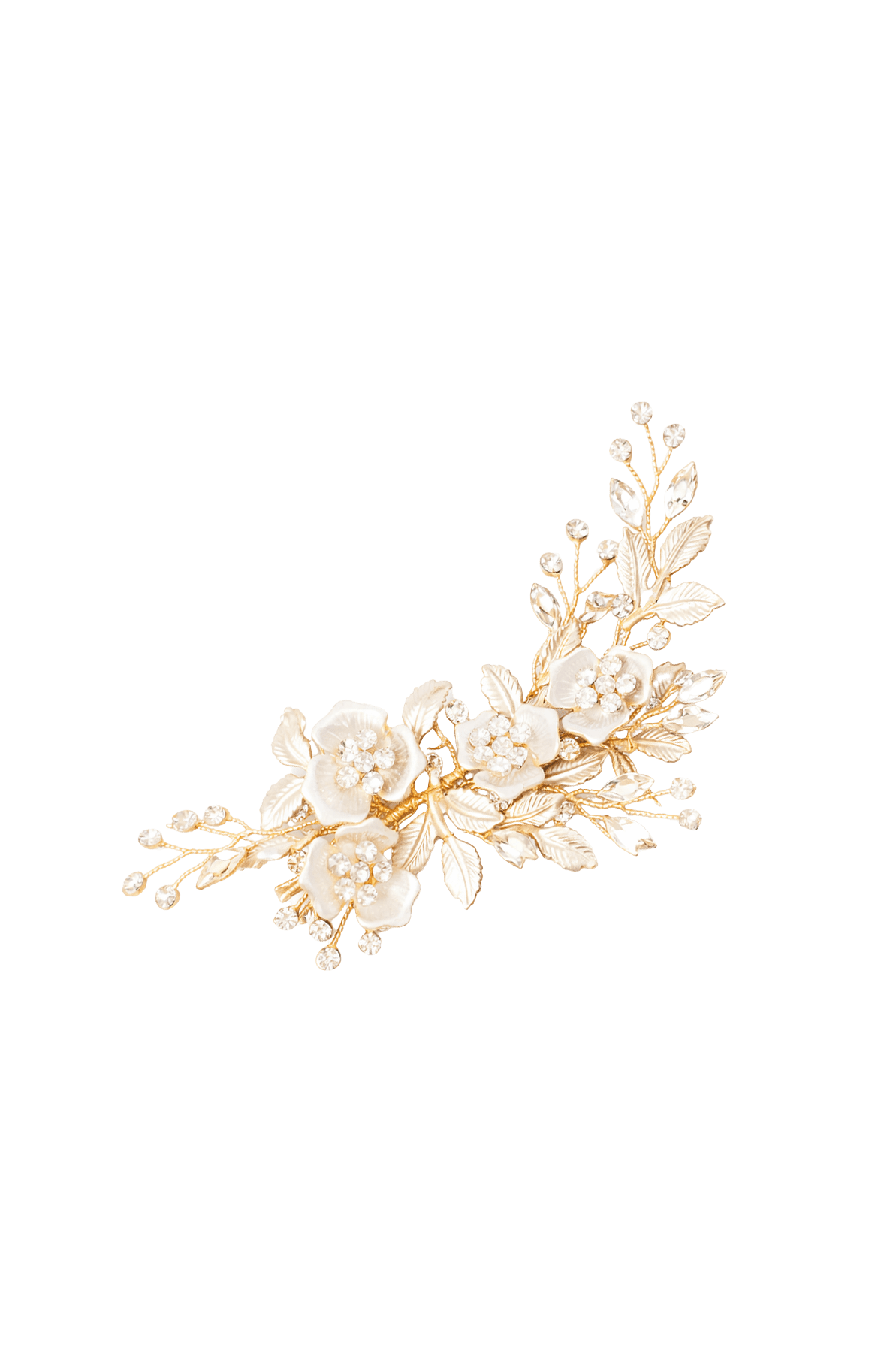 Decorative gold bridal hairpiece with flowers and Swarovski crystals. Handmade Canadian accessories & Bridal hair accessories Canada