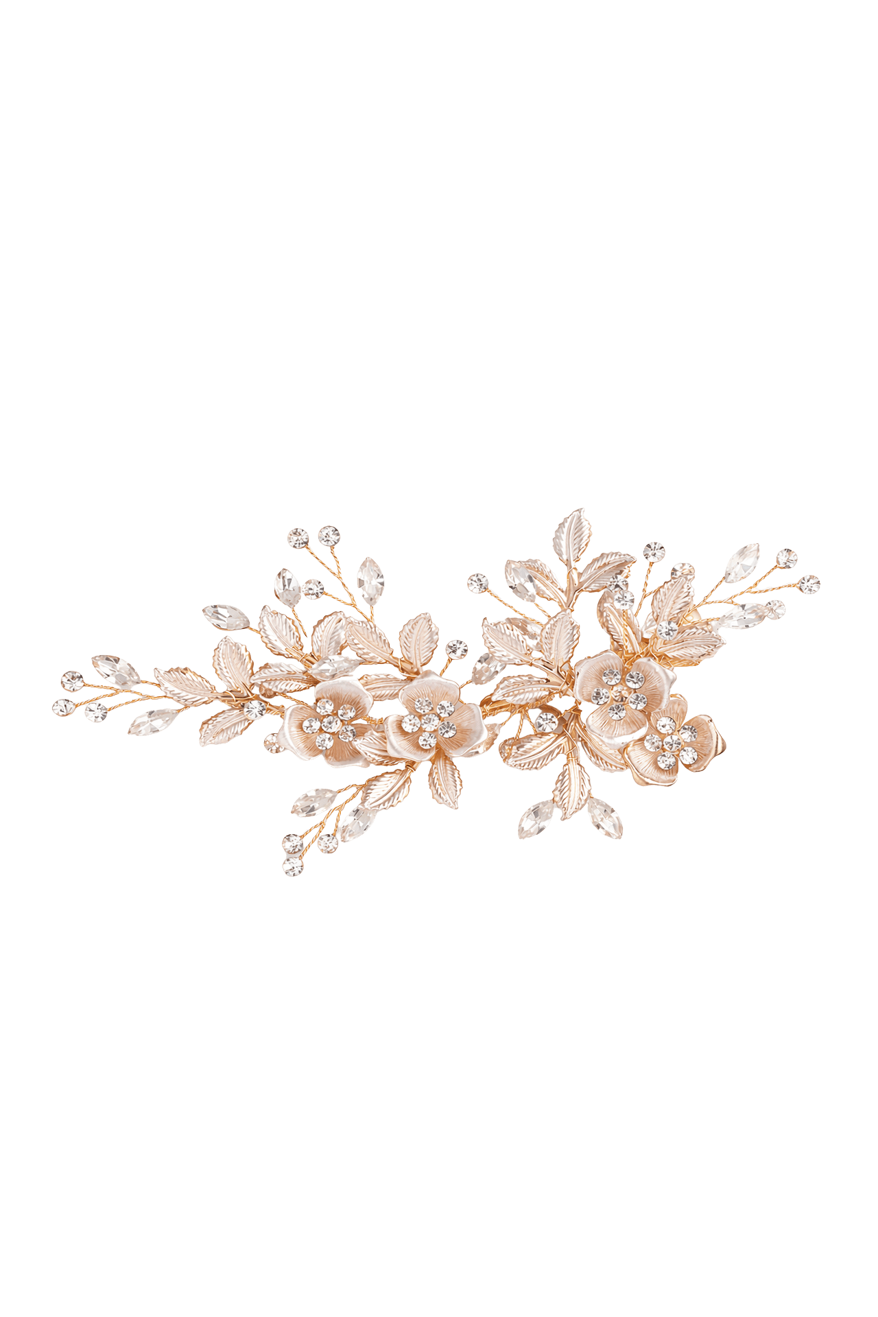 Decorative floral hairpiece with Swarovski crystals and rose gold leaves. Canadian bridal accessories, Bridal hair accessories, & Handmade Canadian jewelry by BIPOC wedding designer