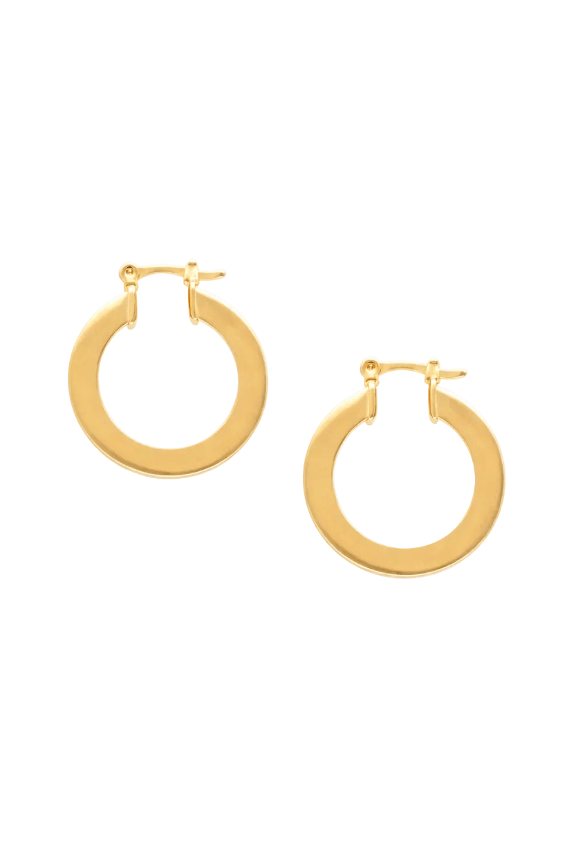 Flat Gold hoop earrings on a white background. Gold-filled Canadian jewelry. Affordable jewelry. Handmade Canadian jewelry. Everyday jewelry. Minimalist Jewelry.