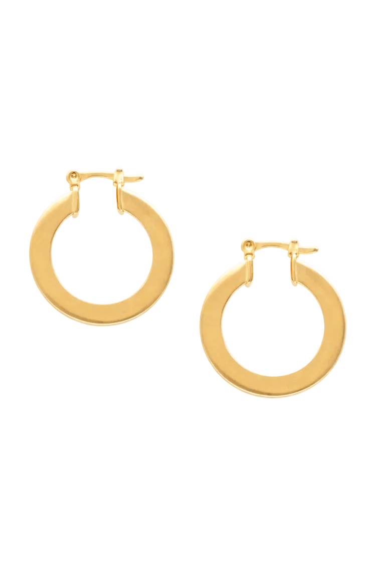 Flat thick gold hoop earrings on a white background. Gold-filled Canadian jewelry, Modern jewelry designs, & everyday jewelry handmade by BIPOC jewelry designer
