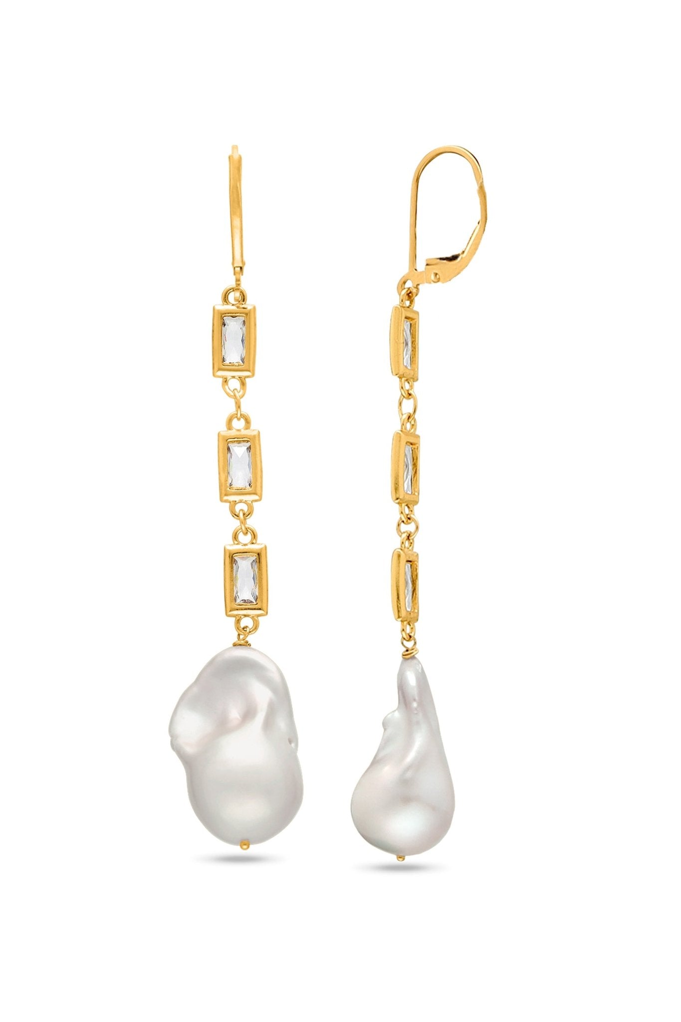 A pair of Muse 14k Gold-filled Crystal Baroque freshwater pearl drop bridal earrings. Canadian jewelry brands. Pearl Bridal jewelry Canada. Organic pearl jewelry. Pearl jewelry sets. Statement Earrings. Statement Bridal Earrings. Canadian bridal jewelry. Canadian jewelry brands. Gold-filled jewelry Canada. Gold-filled Canadian jewelry. Bridal jewelry Canada. Pearl jewelry Canada.