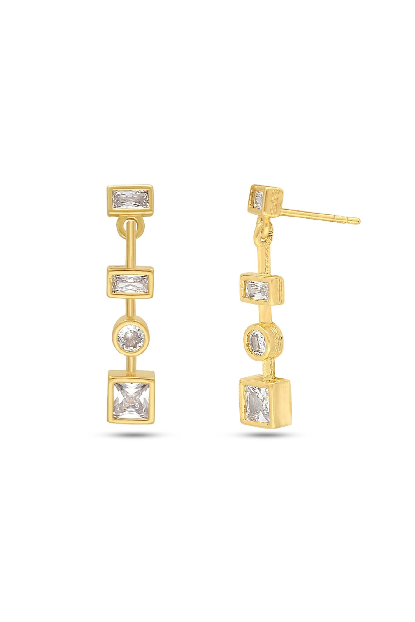 Gold earrings with square and round crystals on a white background. Statement Earrings. Statement Bridal Earrings. Affordable Canadian jewelry brands. Gold-filled Canadian jewelry