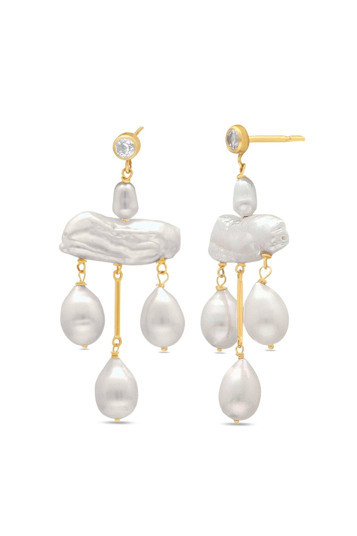 Gold-filled fresh water pearl chandelier earrings with cubic zirconia studs. Handmade jewelry Canada. Pearl jewelry Canada. Pearl Bridal jewelry Canada. Gold-filled jewelry Canada. Gold-filled Canadian jewelry. Bridal jewelry Canada. Organic pearl jewelry. Pearl jewelry sets. Statement Earrings. Statement Bridal Earrings.
