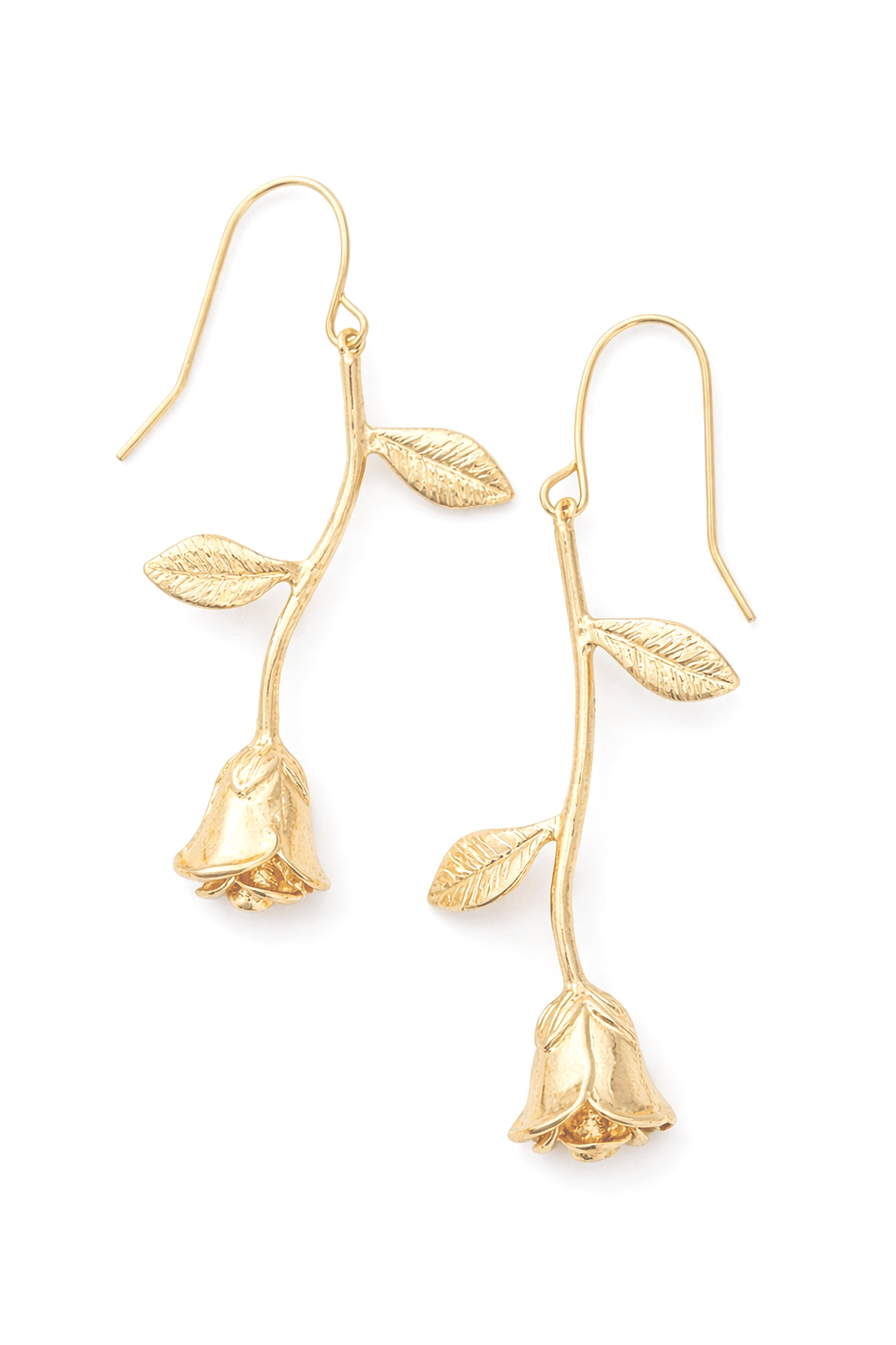 A pair of gold rose stem earrings perfect for a garden wedding or bridesmaids on a white background. Bridesmaids earrings, gold dangle earrings, & Gold-filled jewelry Canada