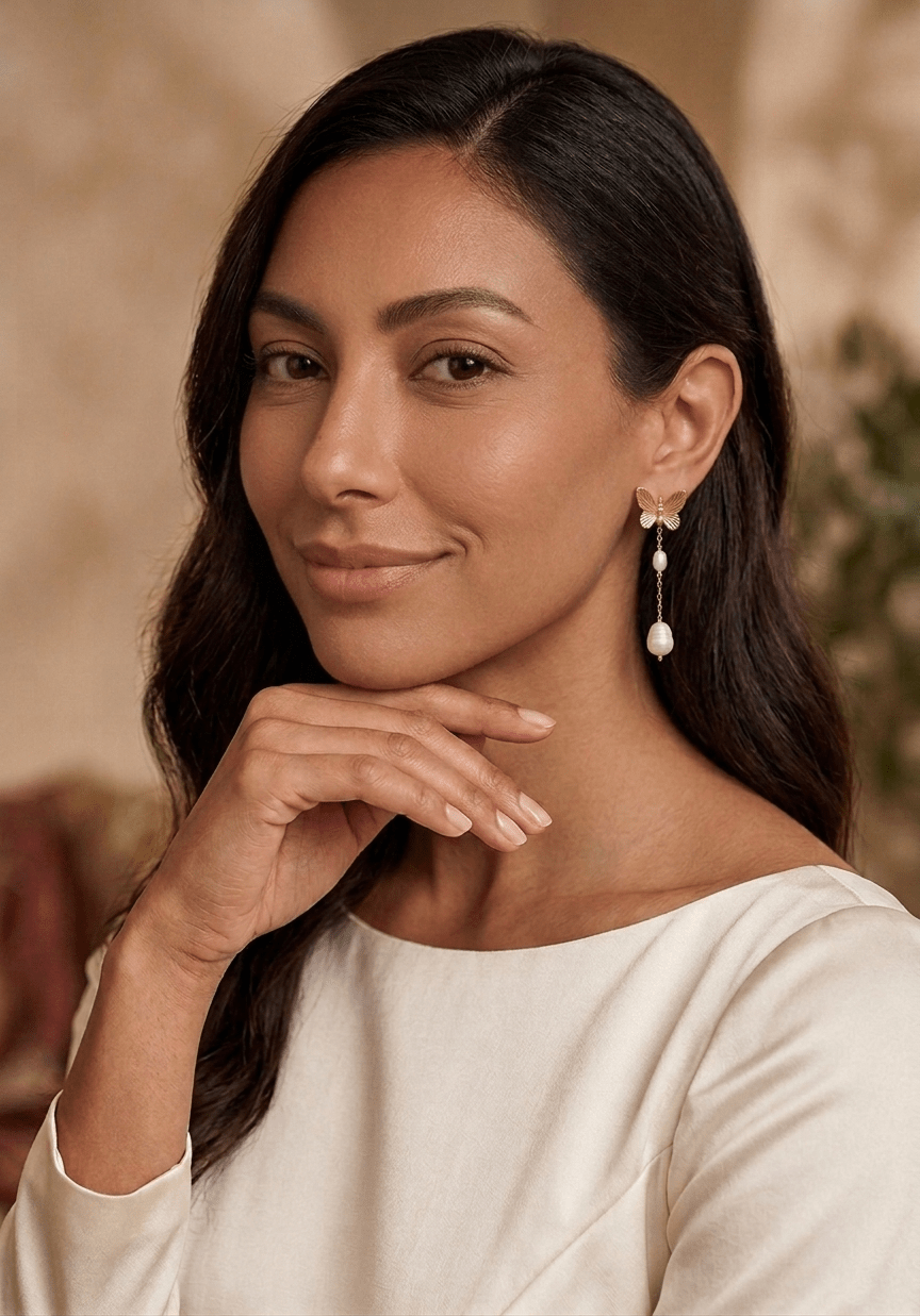 Woman posing with butterfly freshwater pearl bridal earrings worn for wedding in white satin long sleeve bridal gown. Pearl Bridal jewelry, Canada handmade jewelry for weddings. Affordable Canadian jewelry brand with Organic pearl jewelry.