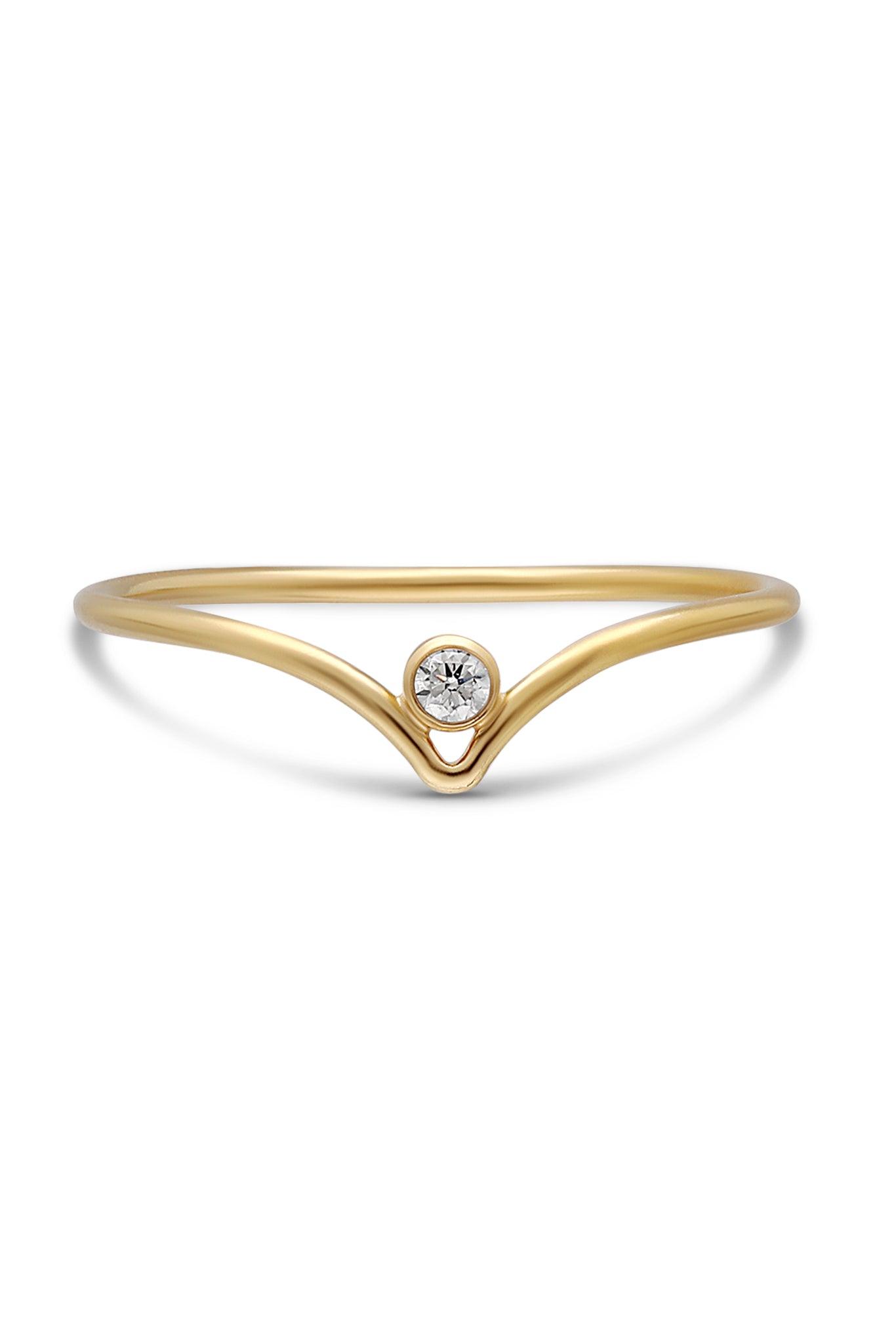 A gold-filled peaked ring with small cubic zirconia crystal on white background. Gold-filled Canadian jewelry. Affordable Canadian jewelry brands.