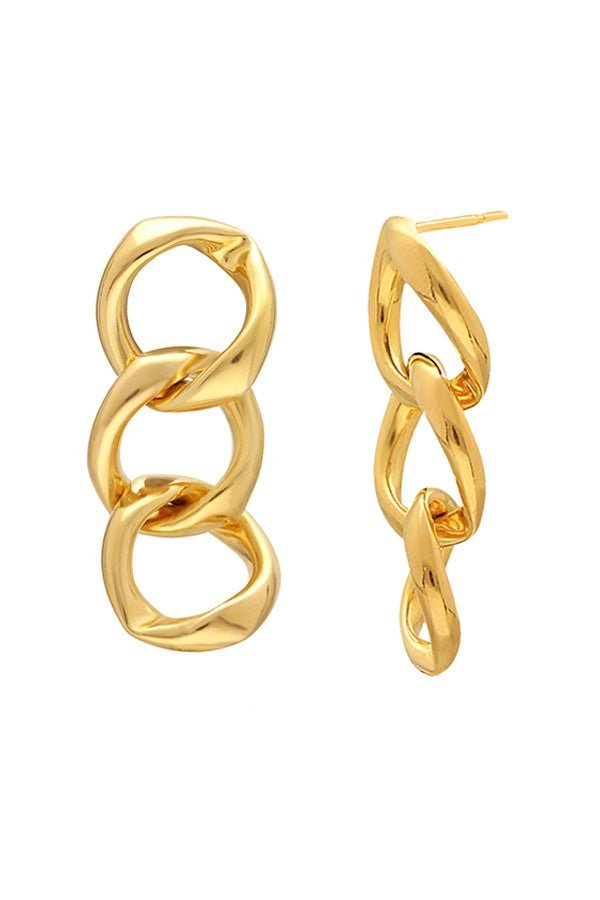 A pair of thick dangle puffy gold-filled chain-link earrings. Gold-filled jewelry Canada. Handmade jewelry Canada. Handmade Canadian jewelry. Canadian handmade jewelry. Small Canadian jewelry brands. Canadian jewelry business. Statement Earrings.