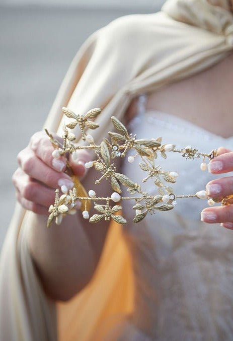 Whimsical golden double banded freshwater pearl dragonfly crown for bridal. Bridal Hair Accessories. Bridal Accessories. Canadian Bridal Accessories. Handmade Canadian Accessories. Canadian handmade Accessories. Canadian weddings. Wedding Canada.