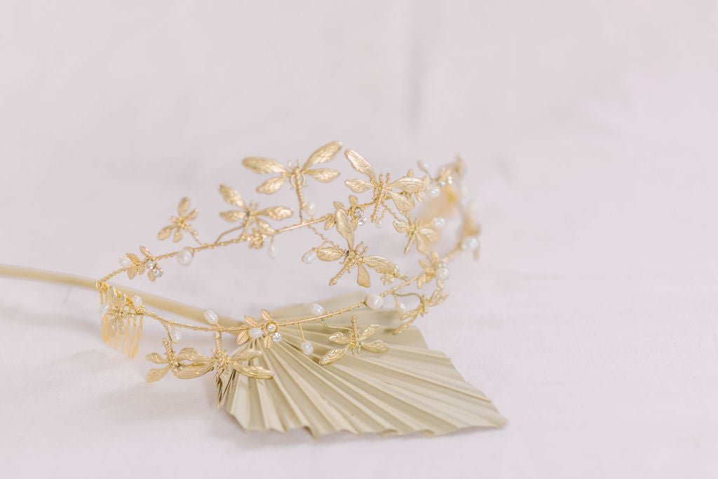 Golden double banded freshwater pearl dragonfly crown. Bridal Hair Accessories. Bridal Accessories. Canadian Bridal Accessories. Handmade Canadian Accessories. Canadian handmade Accessories. Canadian weddings. Wedding Canada.
