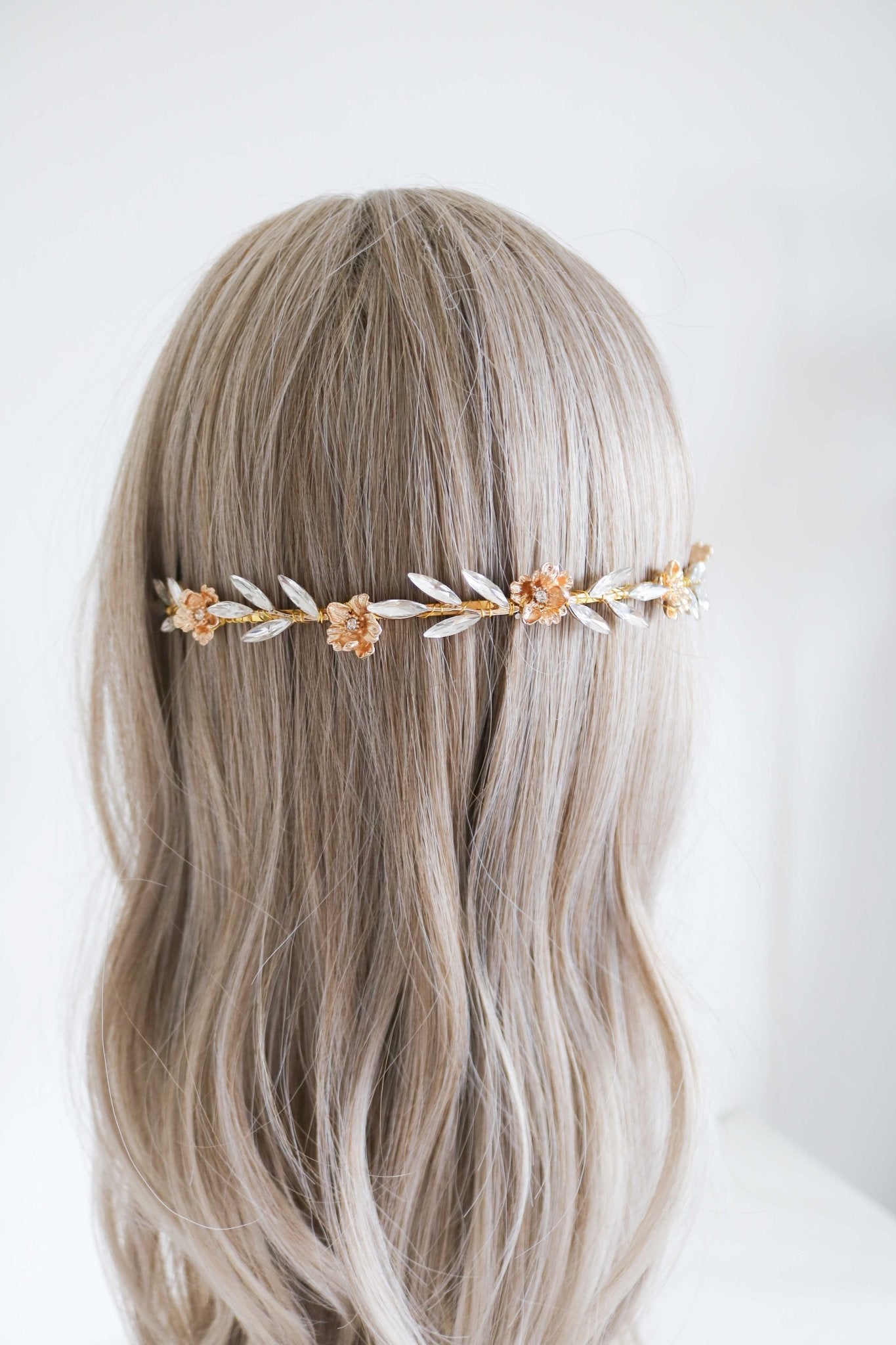 Back view of the Gold Rosalie Crystal  and Rose Bridal Headband worn across the back of the head. Bridal Hair Accessories. Bridal Accessories. Canadian Bridal Accessories. Handmade Canadian Accessories. Canadian handmade Accessories. Organic pearl accessories. Canadian weddings. Wedding Canada.