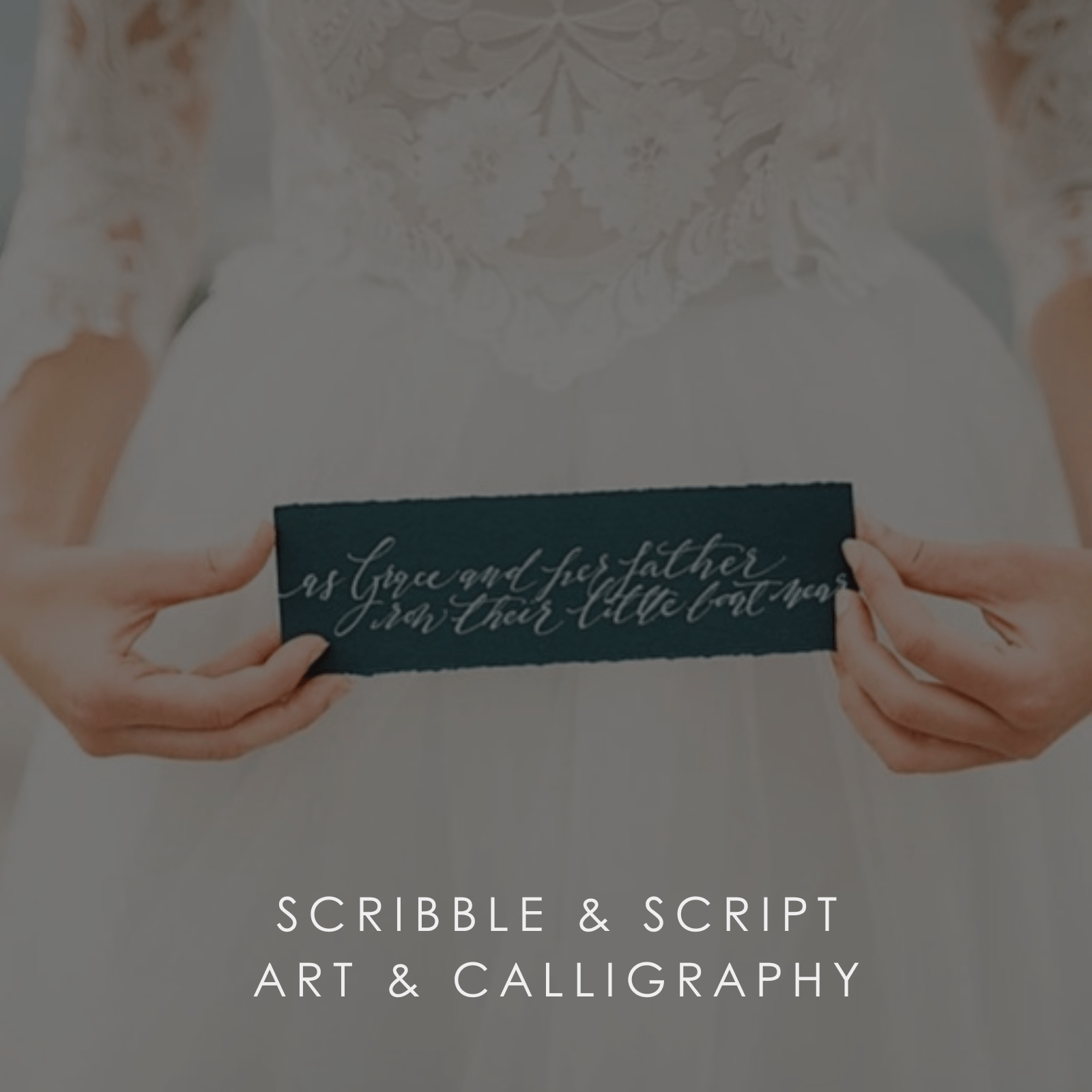 A close up of a bride's midsection holding a sign in a photo for Scribble & Script Art & Calligraphy business.