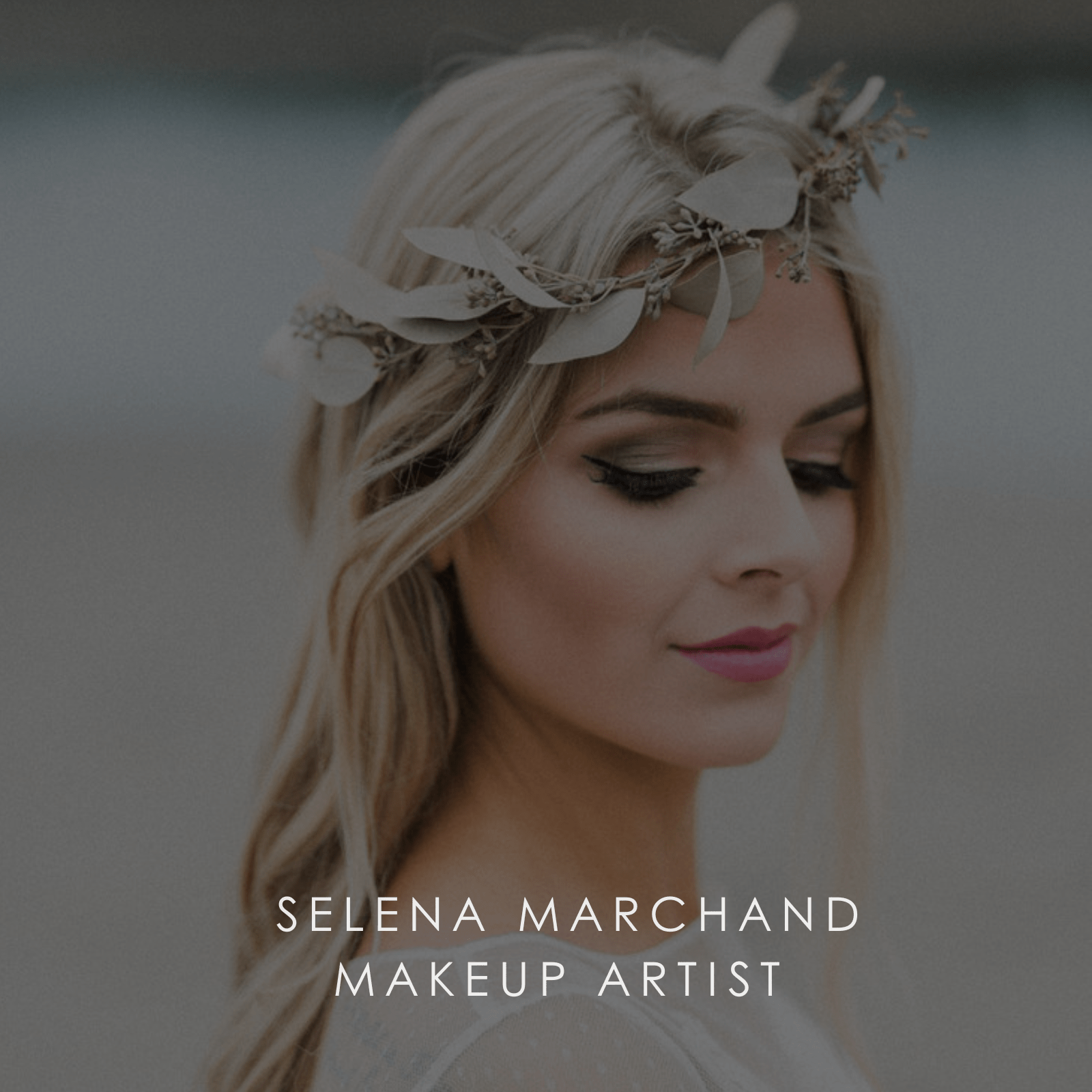 Smokey eye bridal makeup on blonde bride with laurel hair crown.