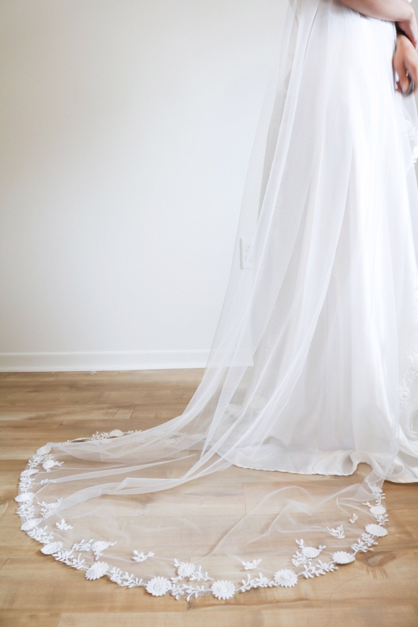 The bottom laced hem of the Sienna Floral Vine Wedding Veil. Canadian weddings. Wedding Canada. Wedding veils Canada. Bridal Hair Accessories. Bridal Accessories. Canadian Bridal Accessories. Handmade Canadian Accessories. Canadian handmade Accessories. Canadian designer. Canadian artist.