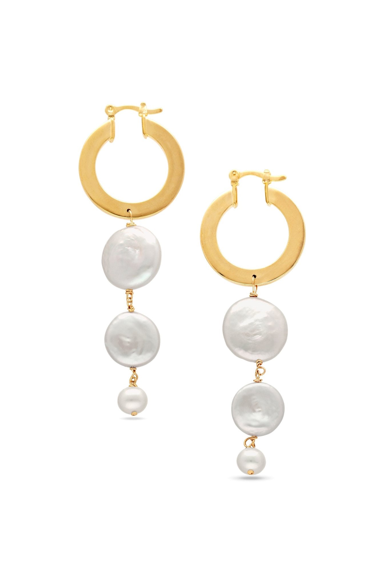 A pair of 18k Gold-filled hoops with dangling freshwater coin pearls. Pearl Bridal jewelry Canada. Gold-filled jewelry Canada.