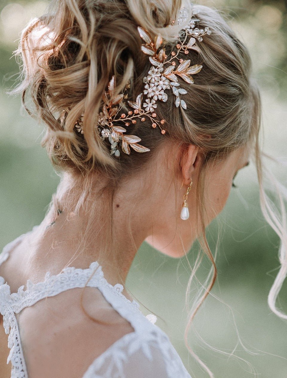 The Summer Bloom Hairvine meticulously woven into a bridal up-do. Bridal Hair Accessories. Bridal Accessories. Canadian Bridal Accessories. Handmade Canadian Accessories. Canadian handmade Accessories. Canadian weddings. Wedding Canada.