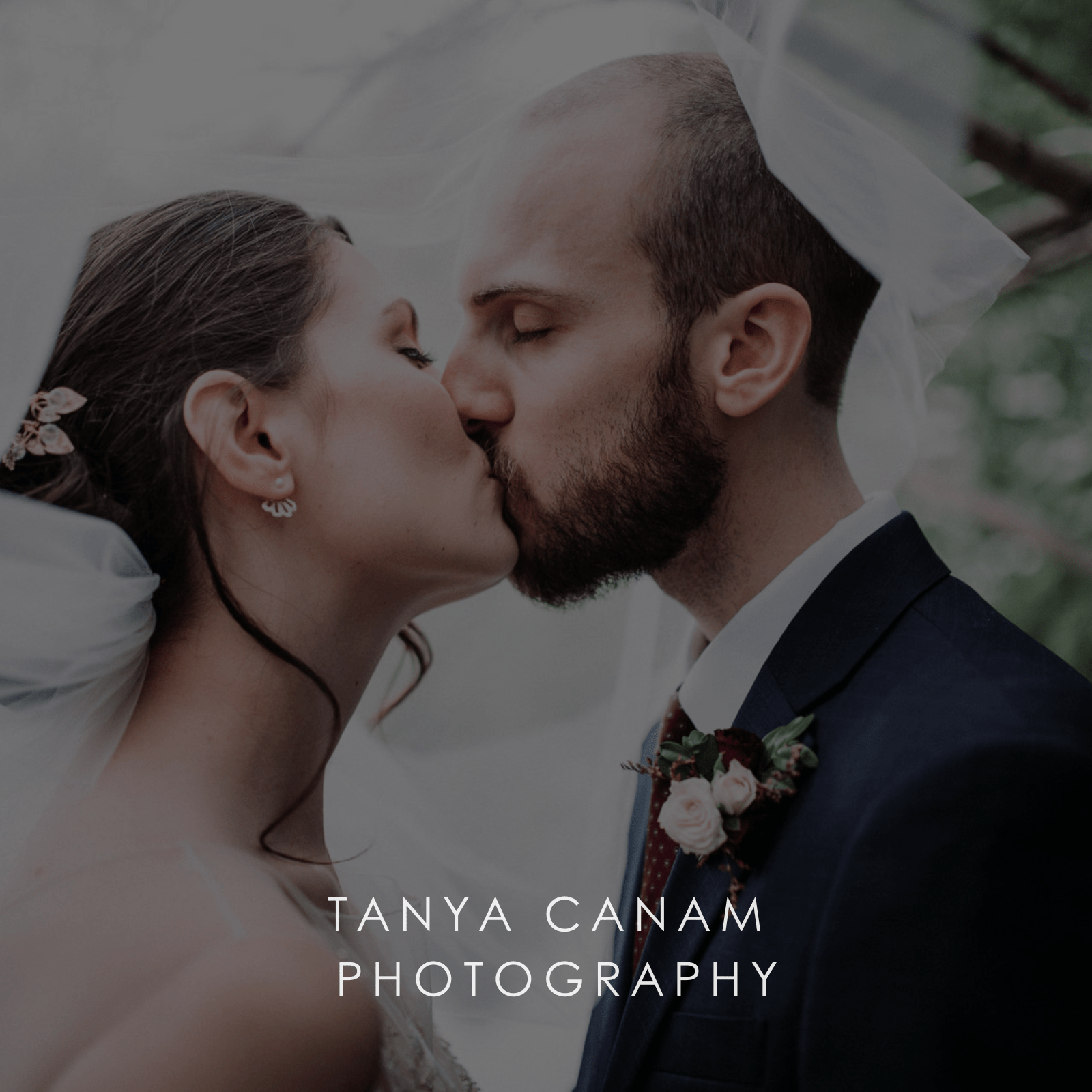 Tulle bridal veil covers top of bride and groom kissing.