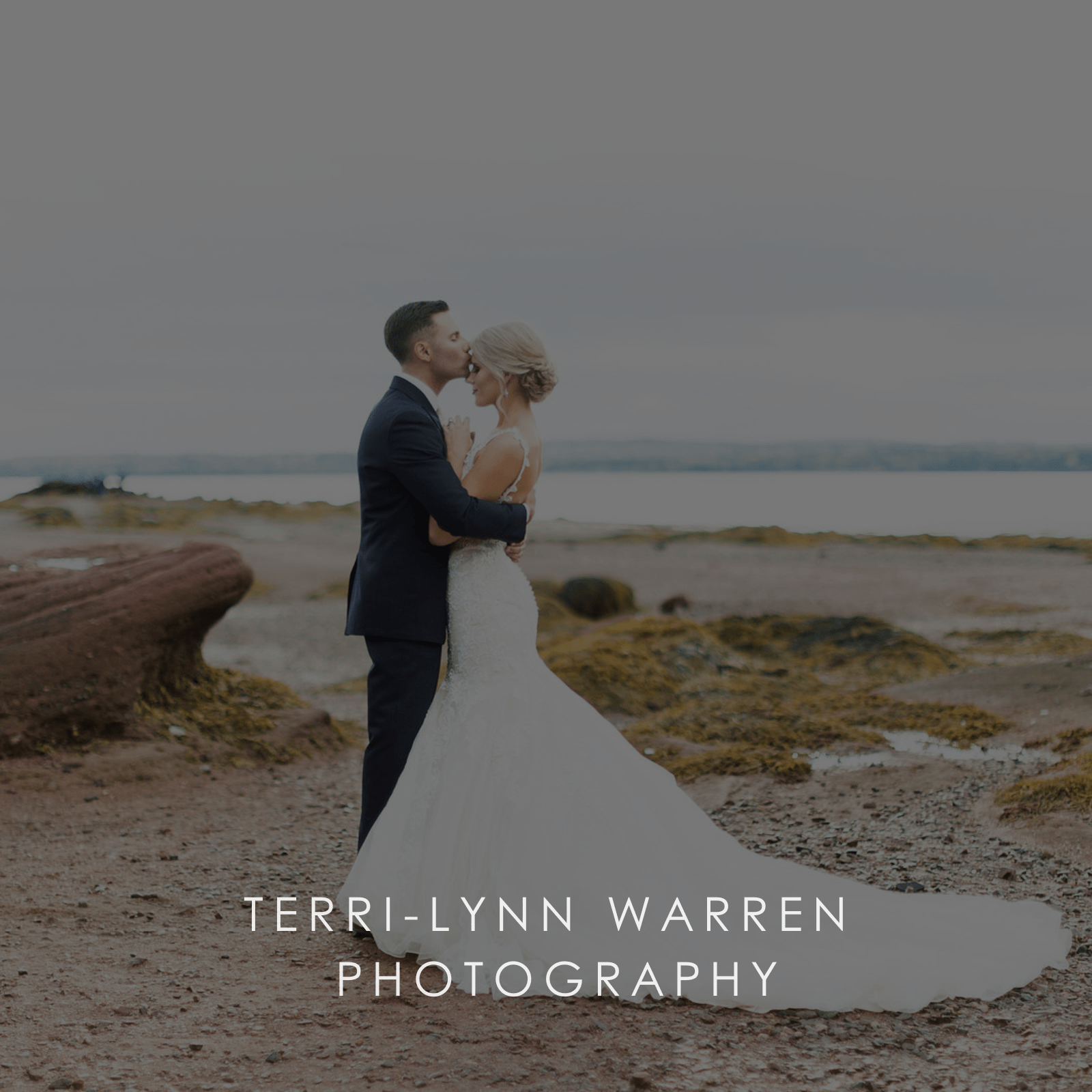 A groom kissing the head of his bride on the beach.