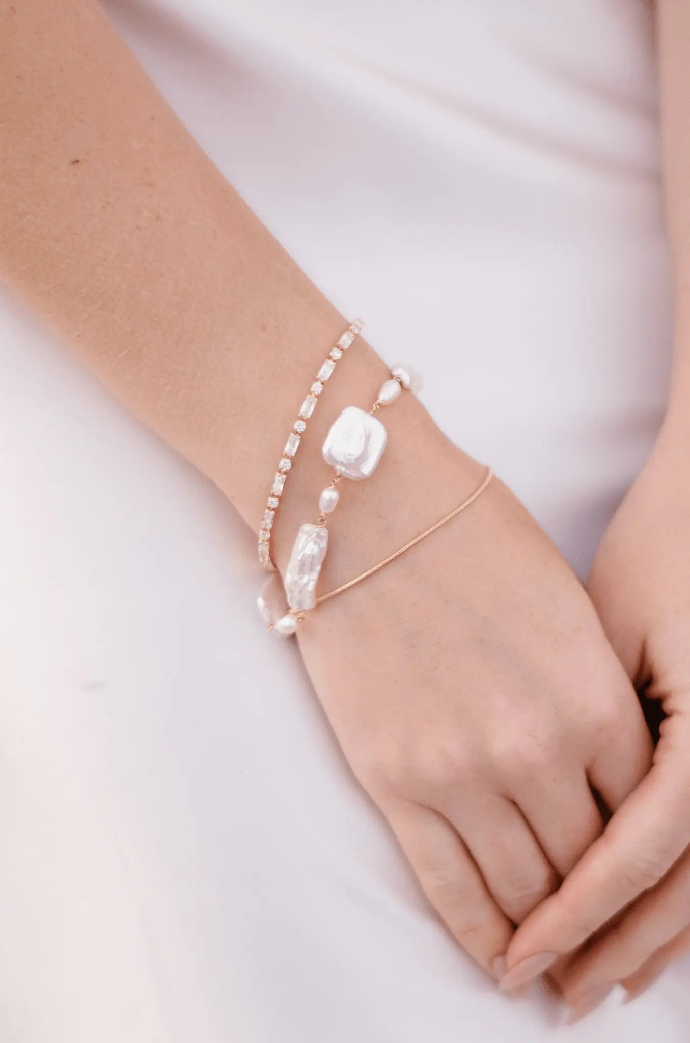 Several styled gold-filled bracelets; crystal, pearl, and plain. Canadian bridal jewelry. Pearl Bridal jewelry, Organic Pearl jewelry, & gold-filled bracelets Canada