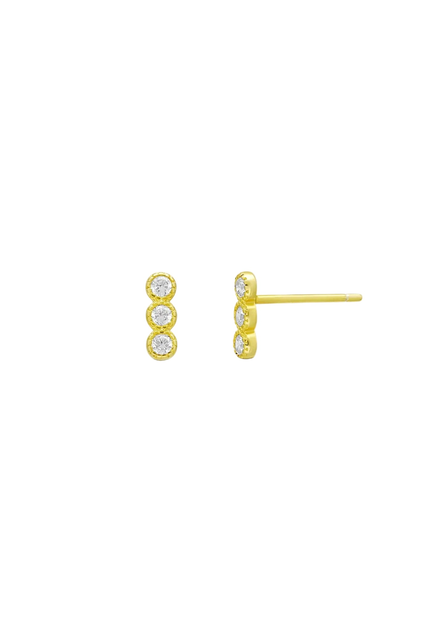 A pair of gold-filled stud earrings with 3 cubic zirconia crystals. Everyday jewelry. Woman-owned business. Canadian jewelry business. Affordable jewelry.