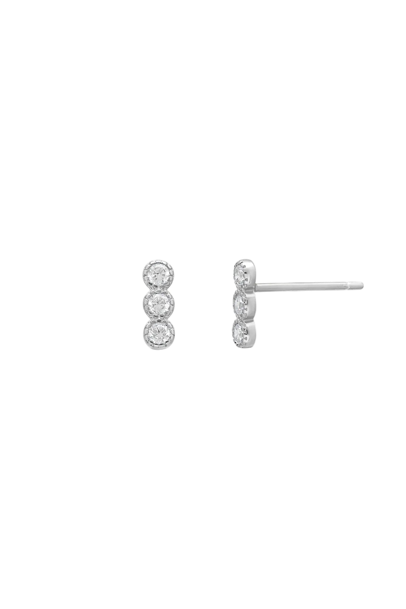 Pair of sterling silver earrings with 3 cubic zirconia crystals on a white background. Sterling Silver jewelry & everyday jewelry by Woman-owned Canadian jewelry brand.