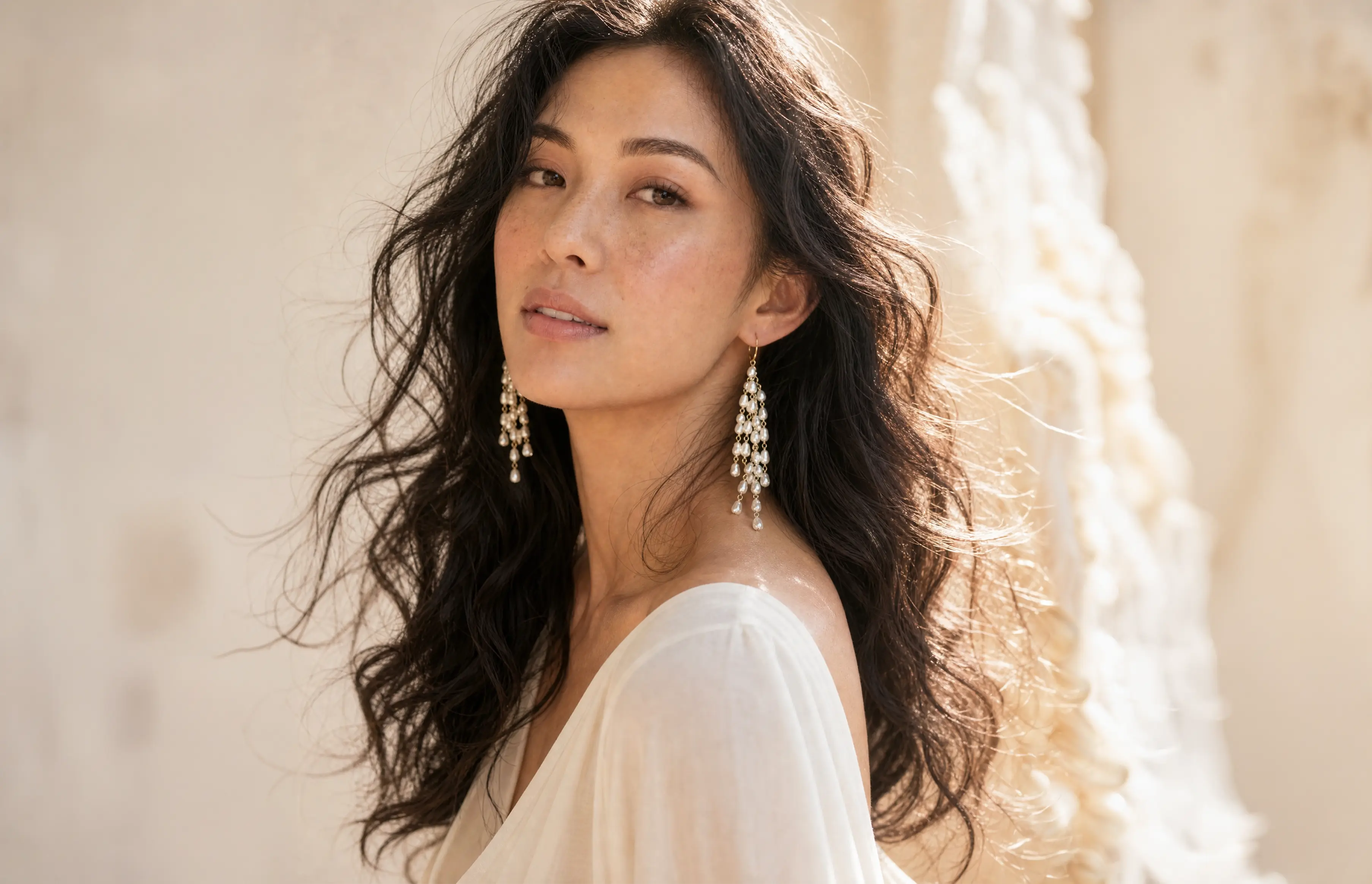 Filipino woman with wavy dark hair in white wearing large freshwater pearl tassel statement earrings against neutral background. Handmade pearl earrings by Canadian jewellery designer