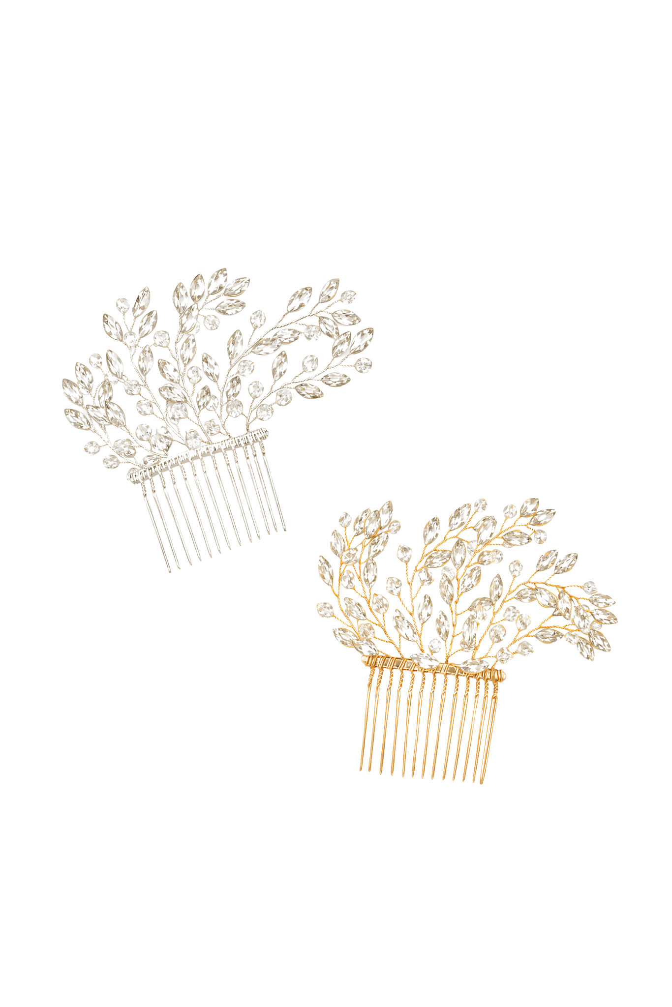 Close up of a silver crystal bridal hair comb above a gold crystal bridal hair combs with white background. Bridal Hair Accessories, Bridal Accessories, & Canadian Bridal Accessories by BIPOC bridal designer
