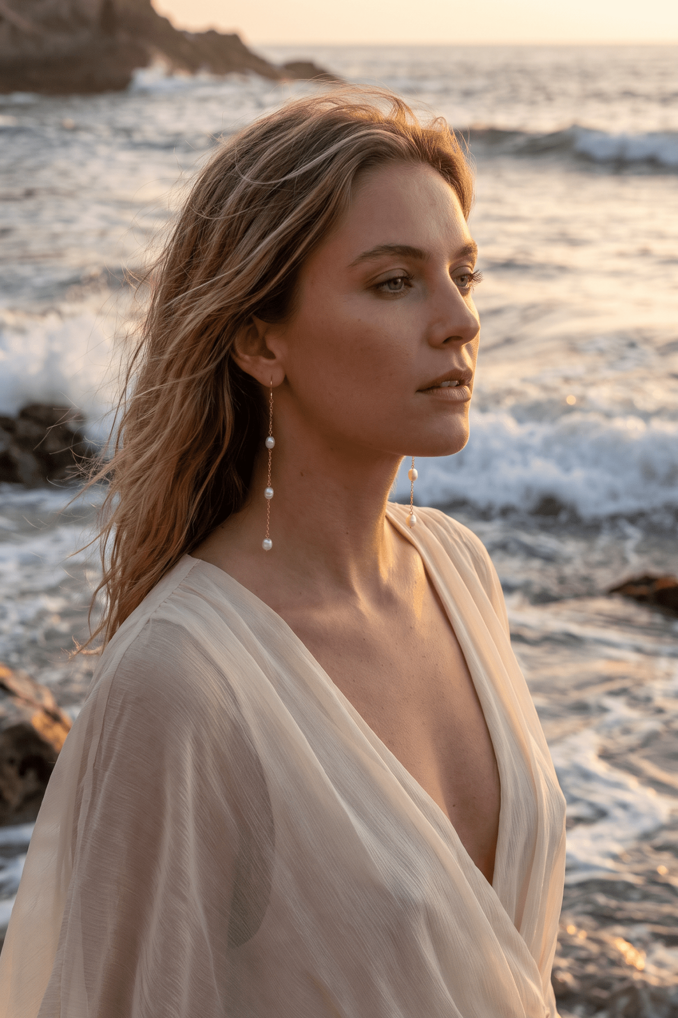 A woman with blonde hair stands on a rocky beach at sunset, wearing a flowing cream-colored wrap dress and long 14k gold filled freshwater pearl drop earrings.