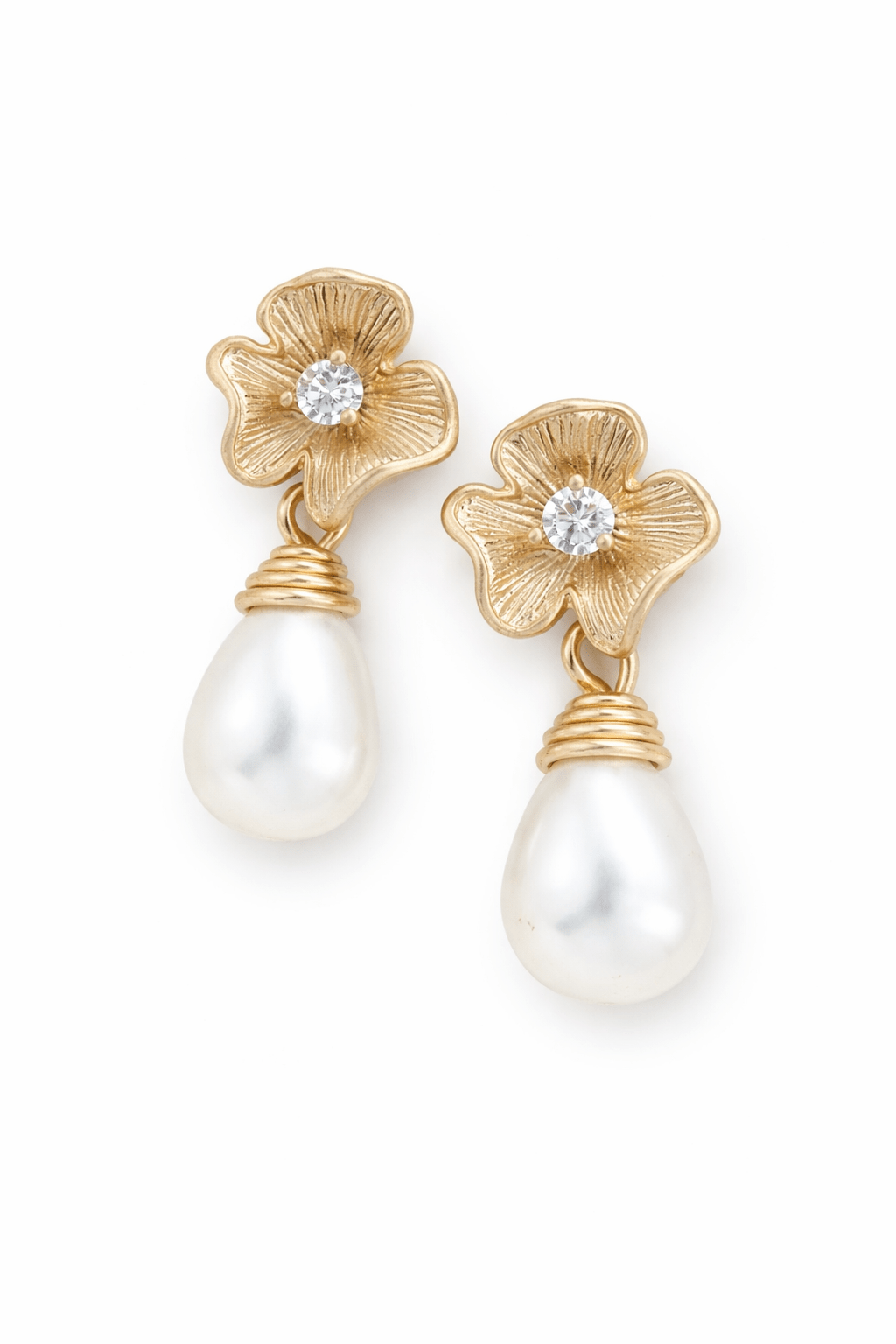 Gold flower bridal earrings with pearl drops on a white background, and cubic zirconia