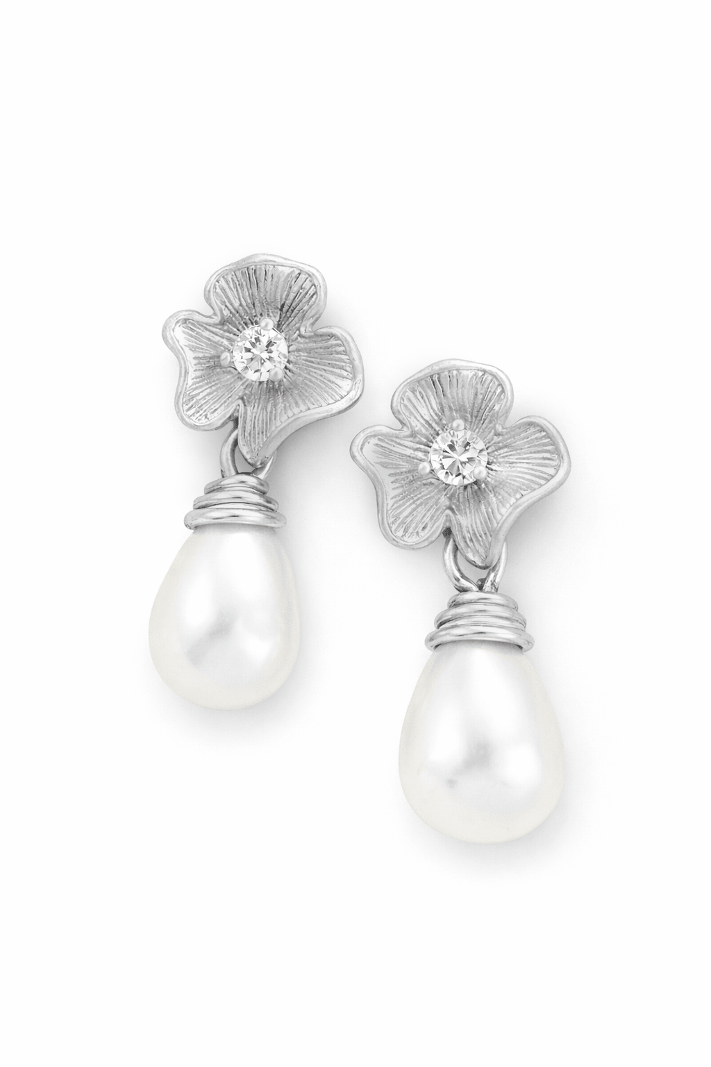 Pair of silver wedding earrings with floral designs and pearls on a white background, made in canada