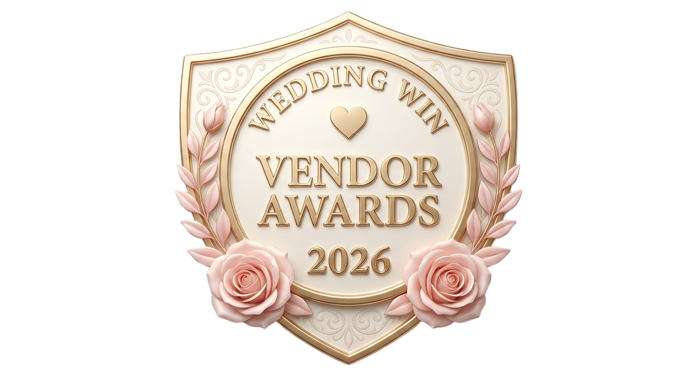 Decorative badge for 'Wedding Win Vendor Awards 2026' with floral elements on a white background