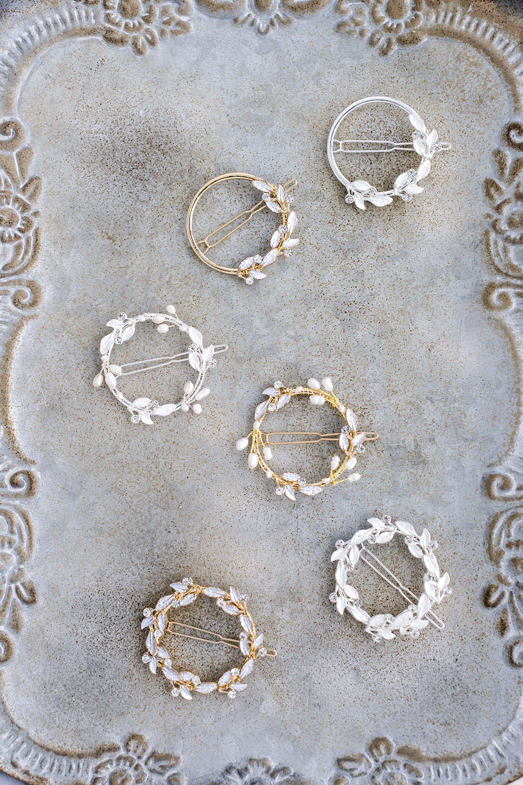 Emilia Crystal Leaf Barrettes with Fresh Water Pearls in Sterling Silver or Gold-filled.