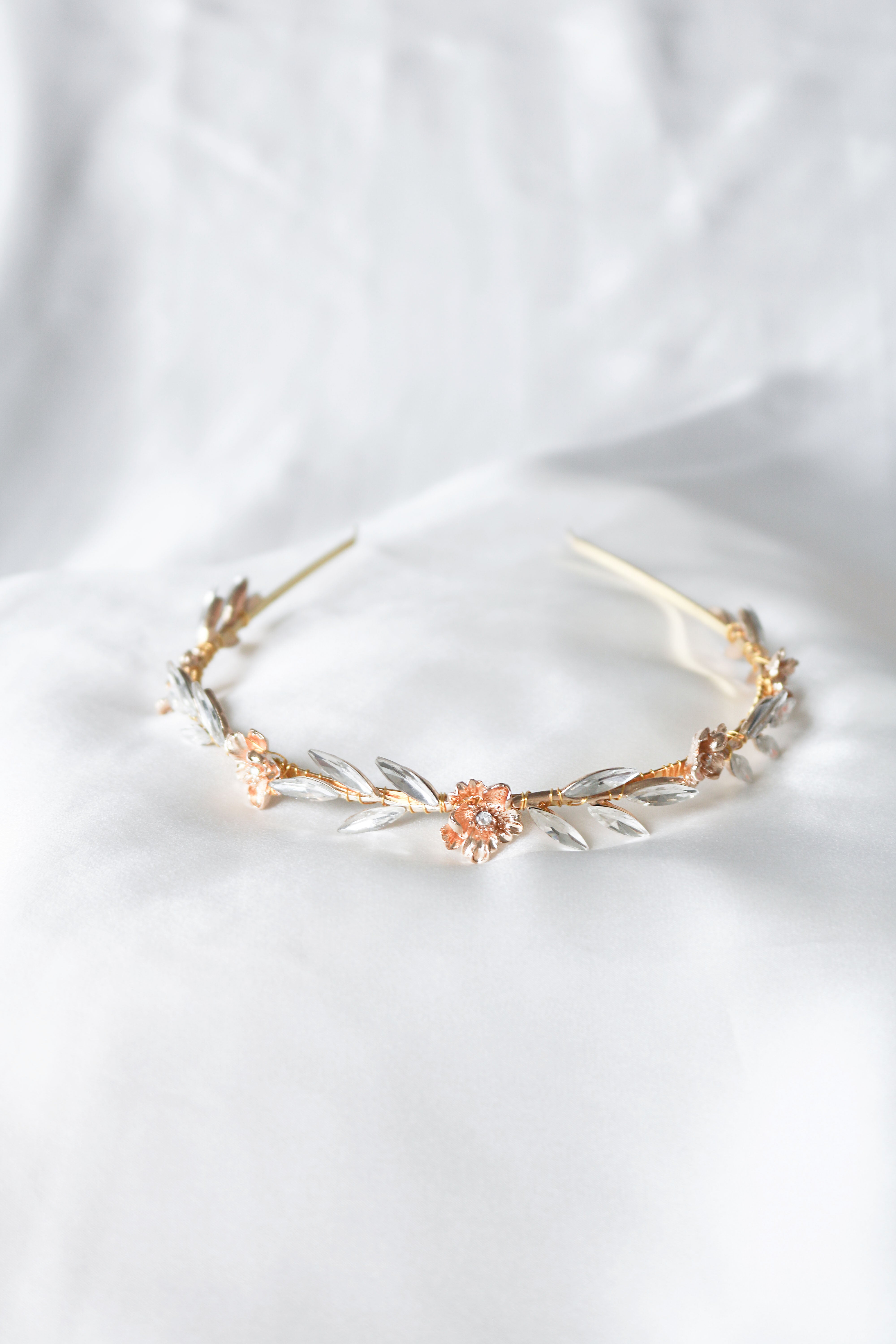 Rosalie Crystal Leaf and Gold Rose Headband-6