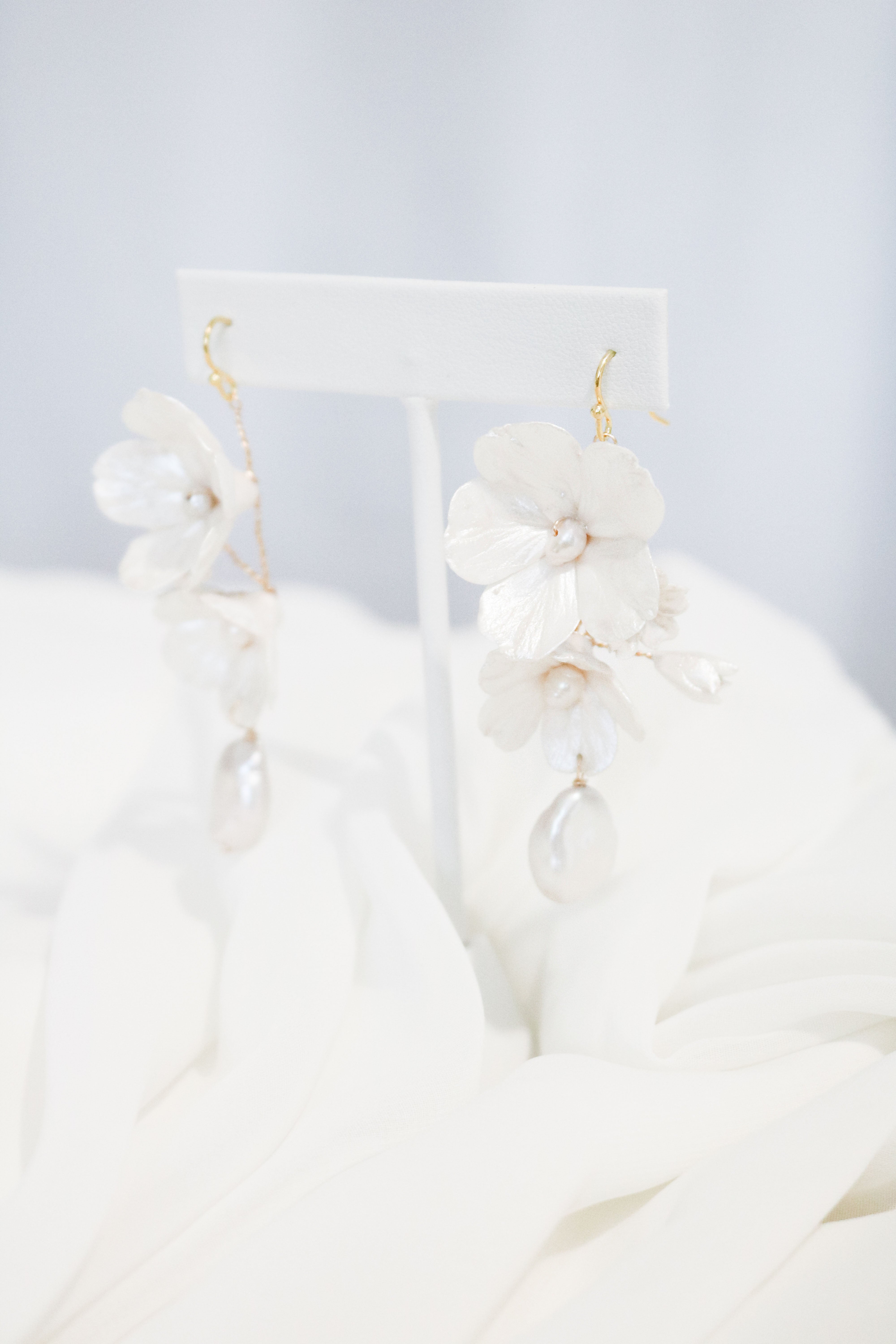 Maisie Baroque Pearl and Clay Flower Bridal Earrings-3