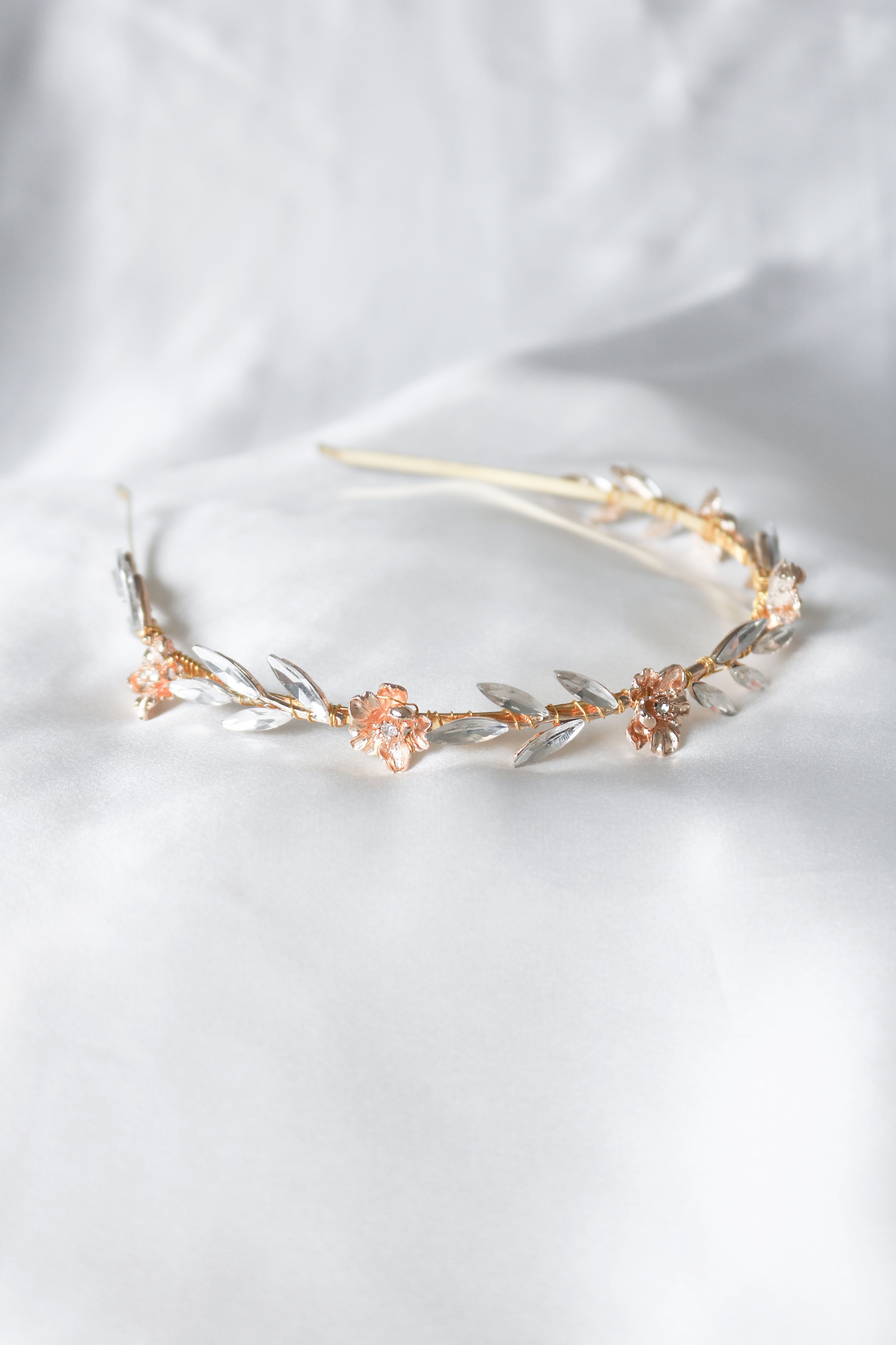 Rosalie Crystal Leaf and Gold Rose Headband-3