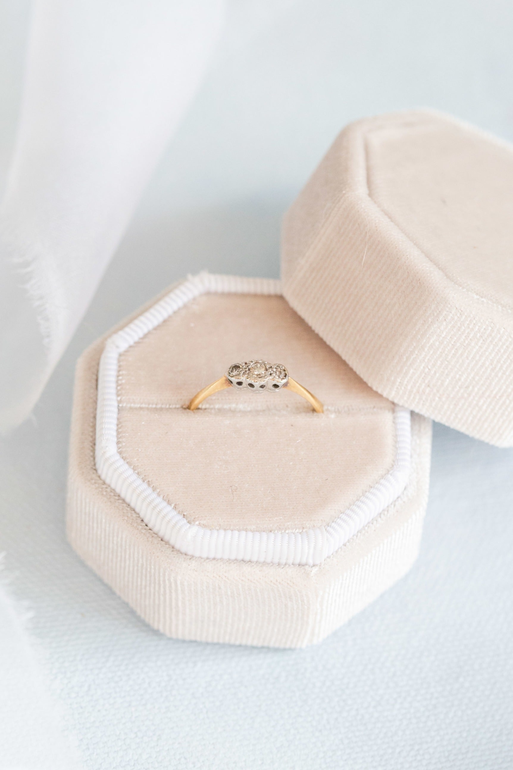 Abbey Art Nouveau Platinum Diamond Trilogy Vintage Engagement Ring 18K Gold-2