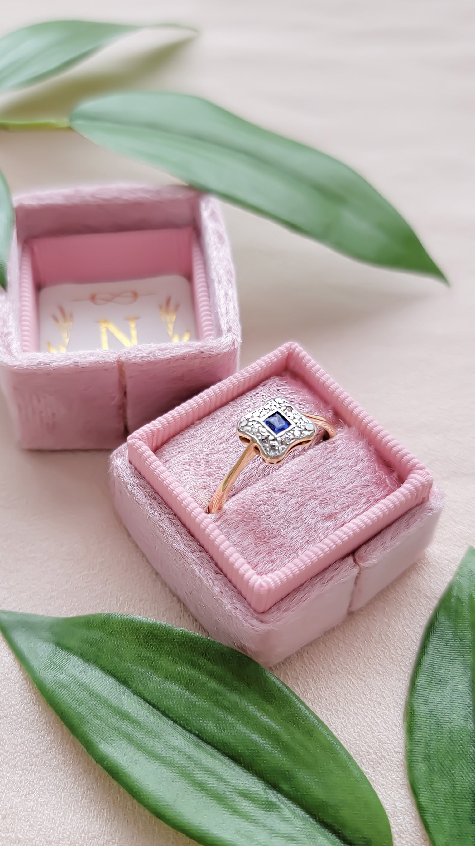Aurora 18k Yellow Gold and Platinum Diamond Sapphire Engagement Ring Art Deco-5