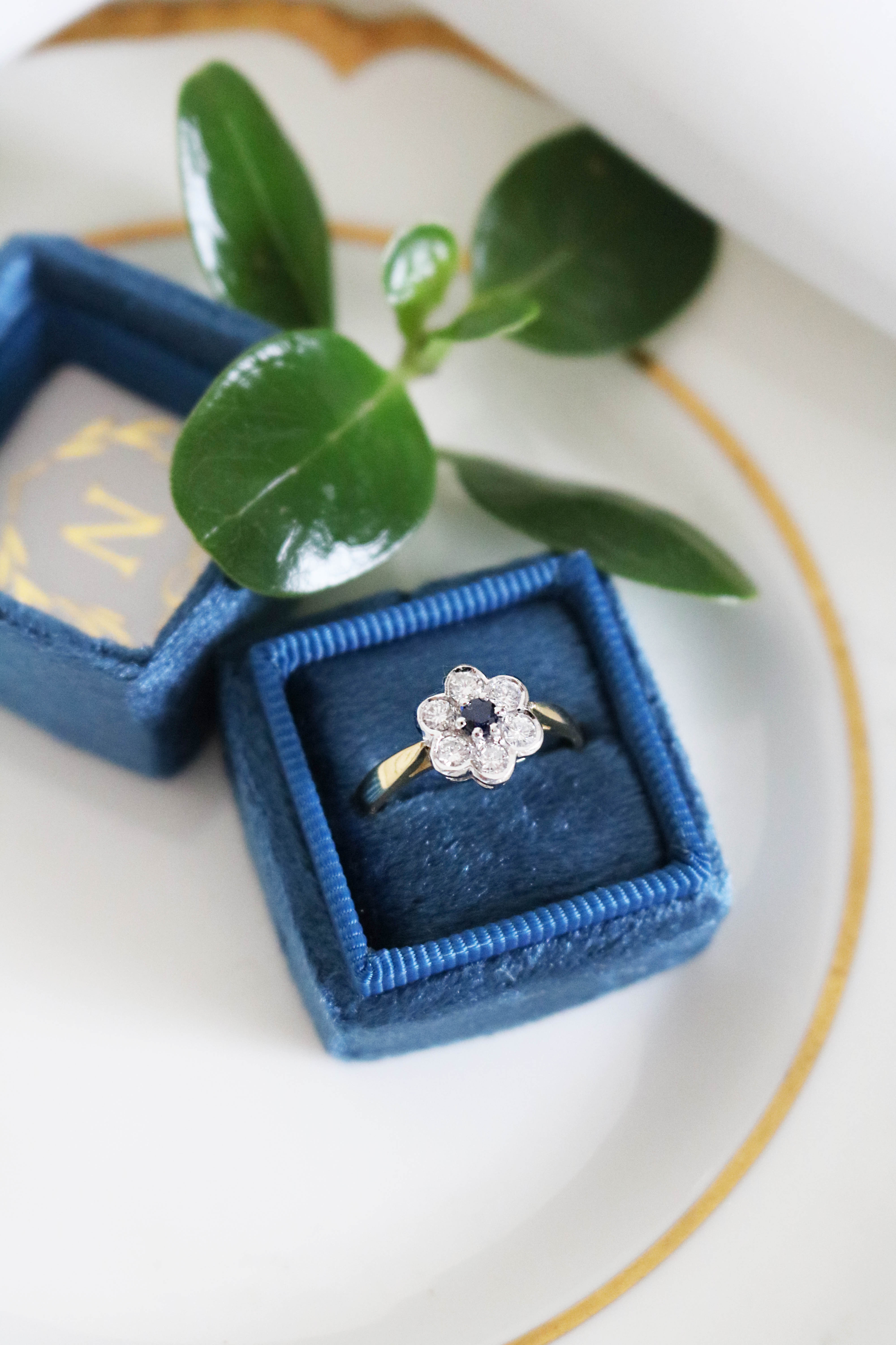 Florah Diamond Flower and Sapphire Vintage Engagement Ring-9