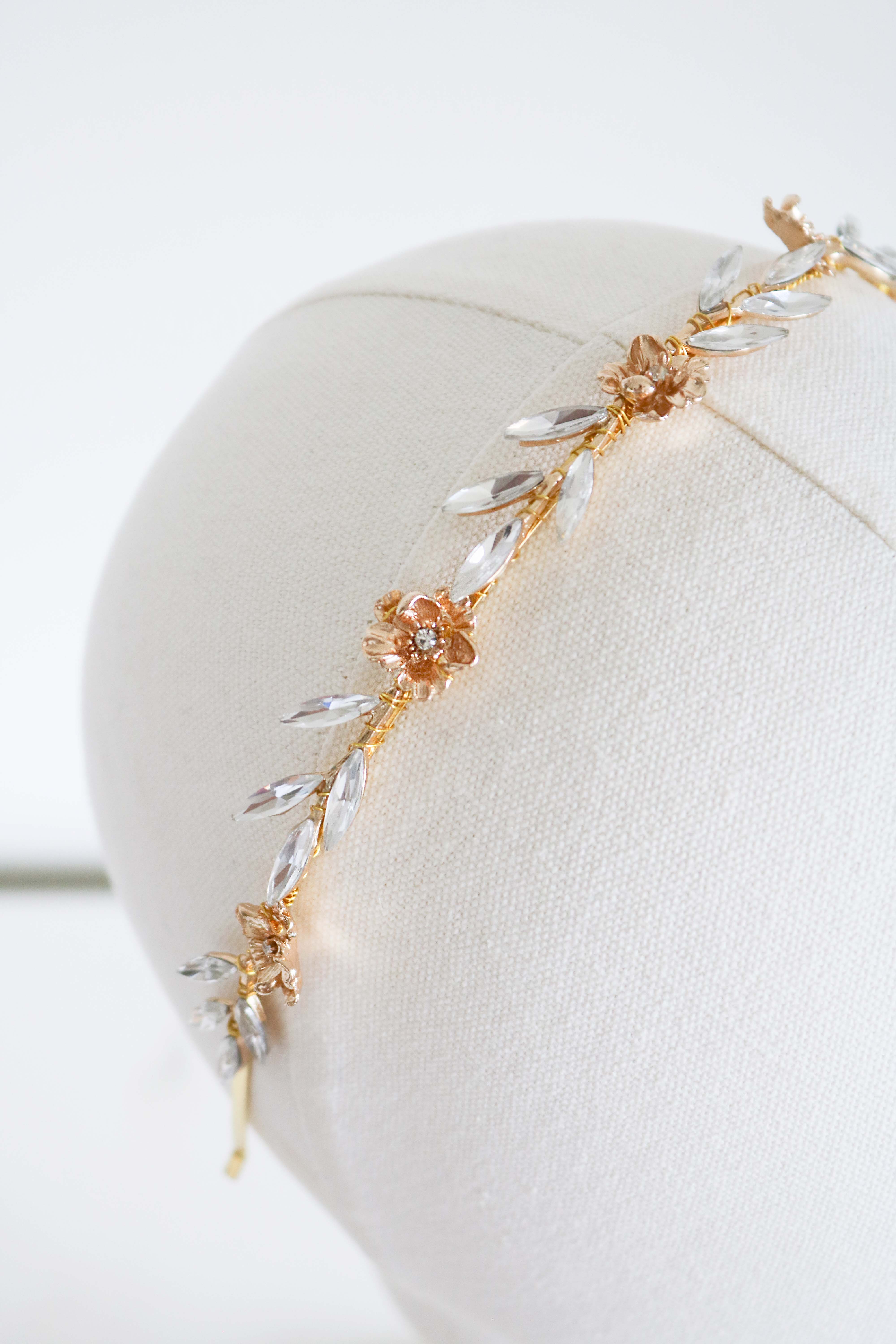 Rosalie Crystal Leaf and Gold Rose Headband-1