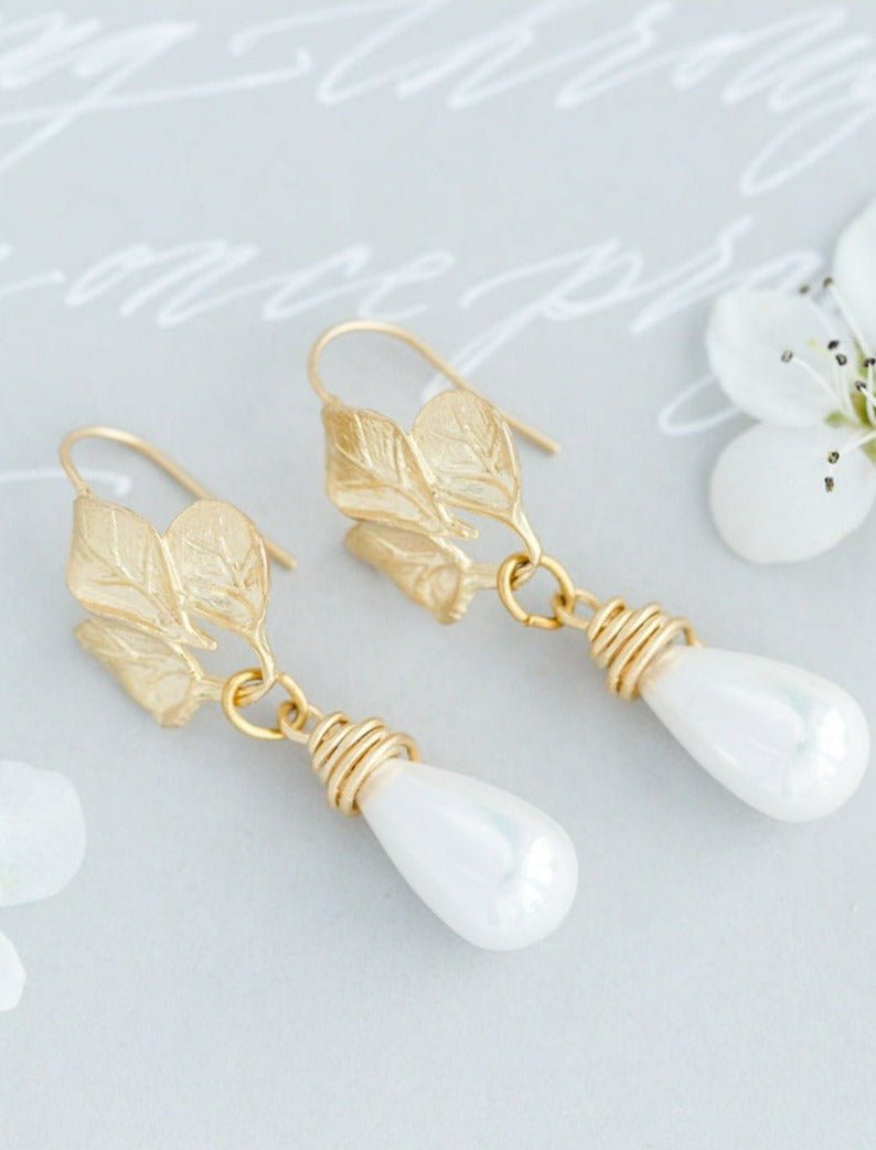 Lily Drop Pearl Leaf Earrings-0