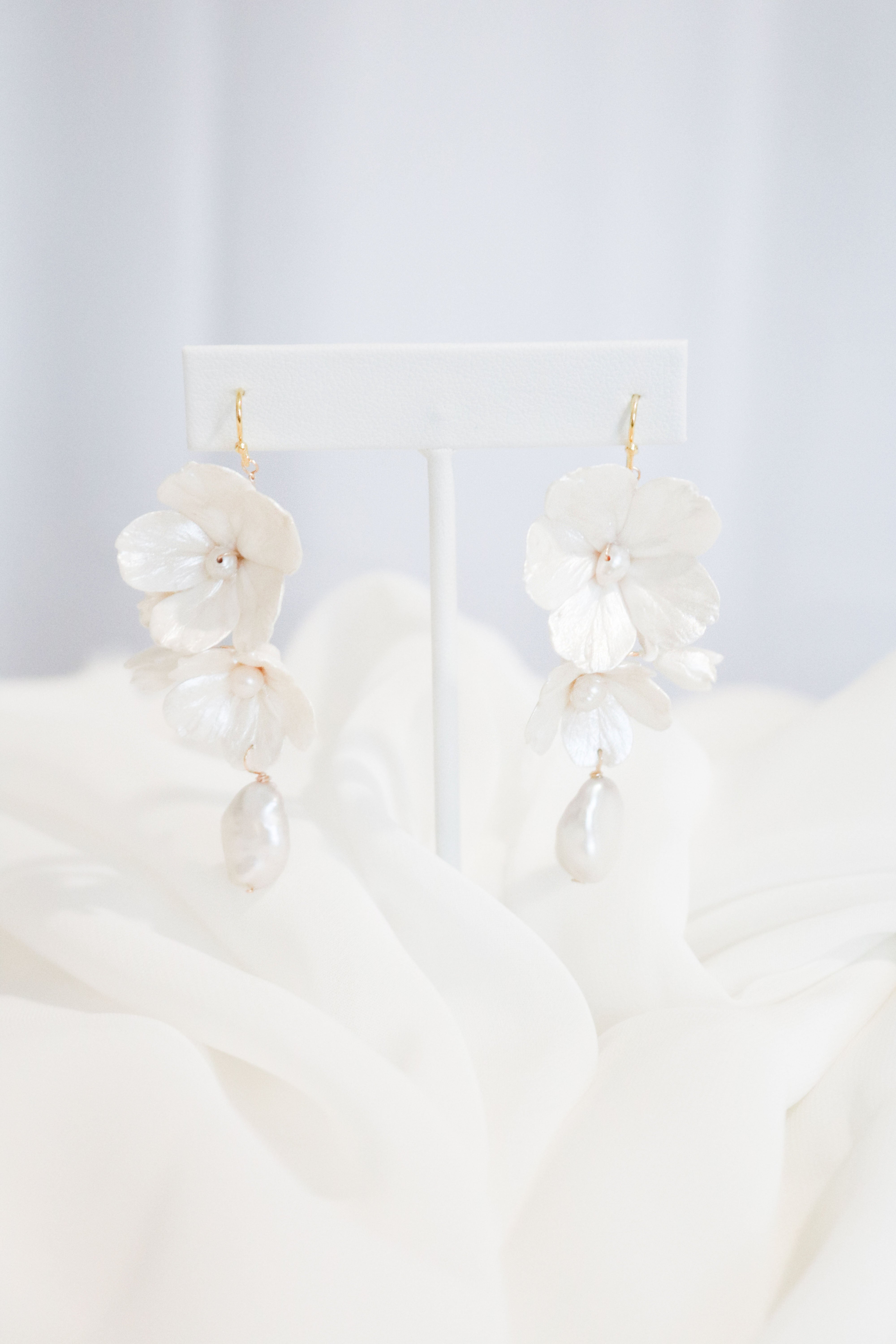 Maisie Baroque Pearl and Clay Flower Bridal Earrings-2