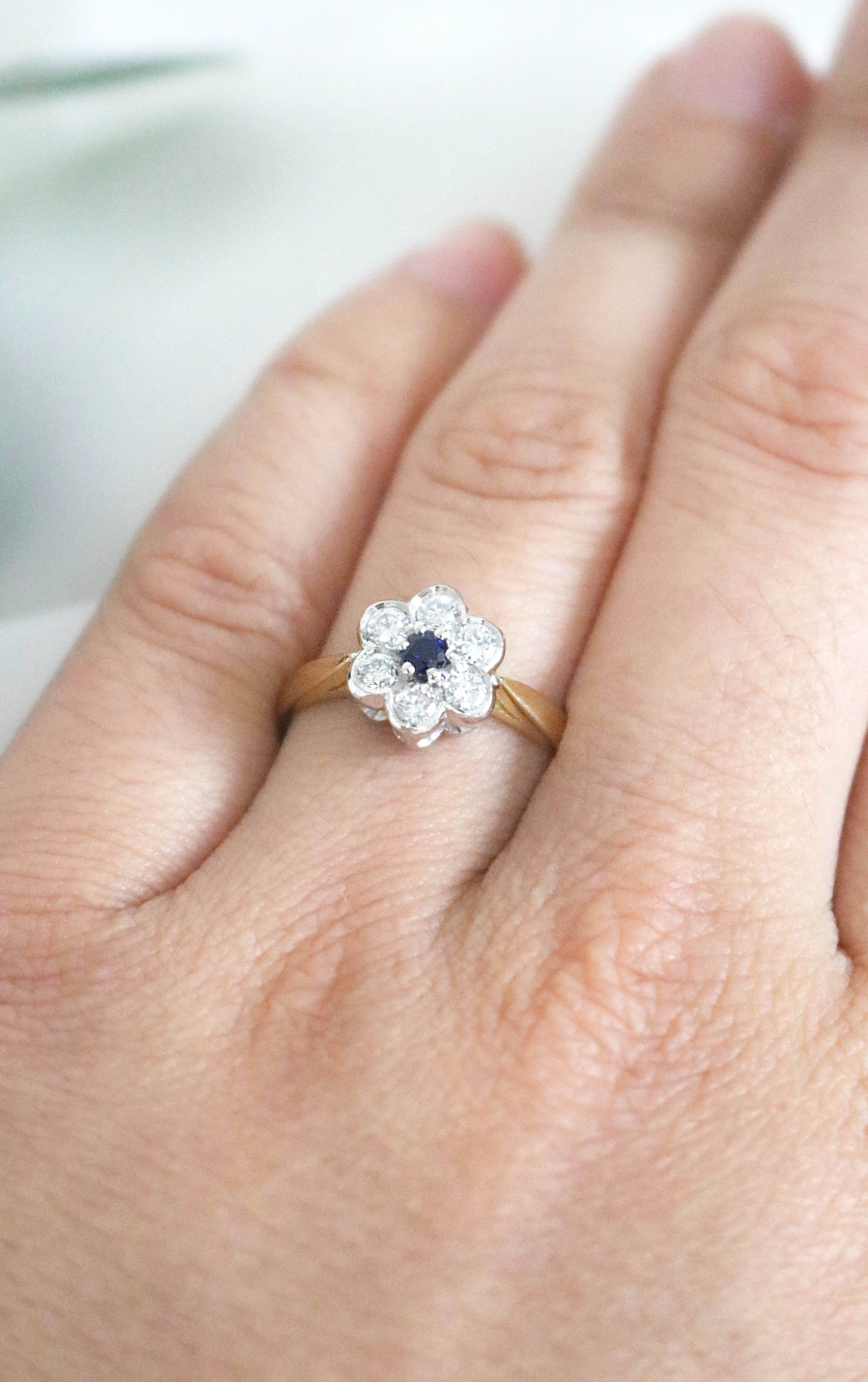 Florah Diamond Flower and Sapphire Vintage Engagement Ring-4